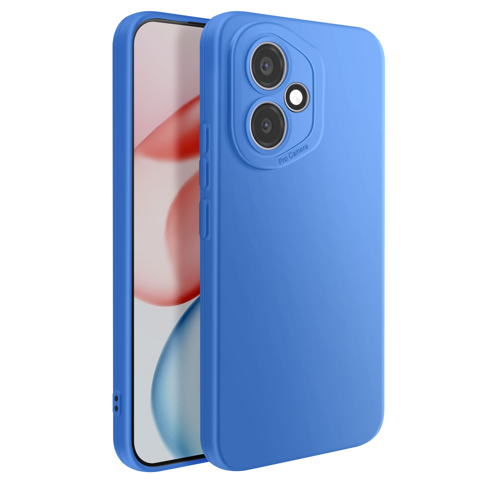 Un étui de téléphone bleu avec une bosse pour l'appareil photo est sur un téléphone. L'écran du téléphone affiche des couleurs. Fond blanc.