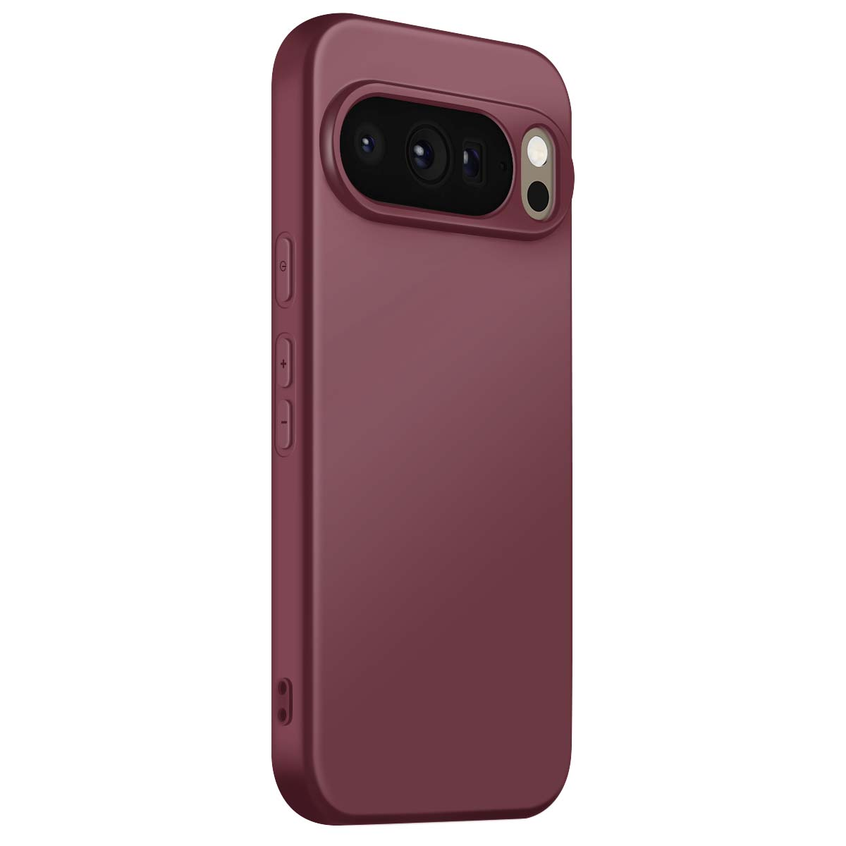 Una funda de teléfono granate con recortes para la cámara y botones laterales. La funda envuelve un teléfono.