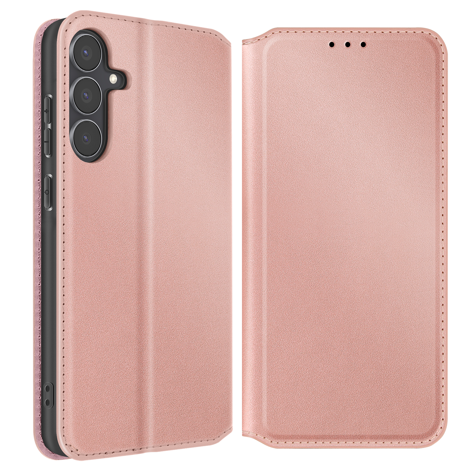 Una custodia per telefono oro rosa, aperta, che mostra l'interno e la fotocamera del telefono. È un materiale simile alla pelle con cuciture.