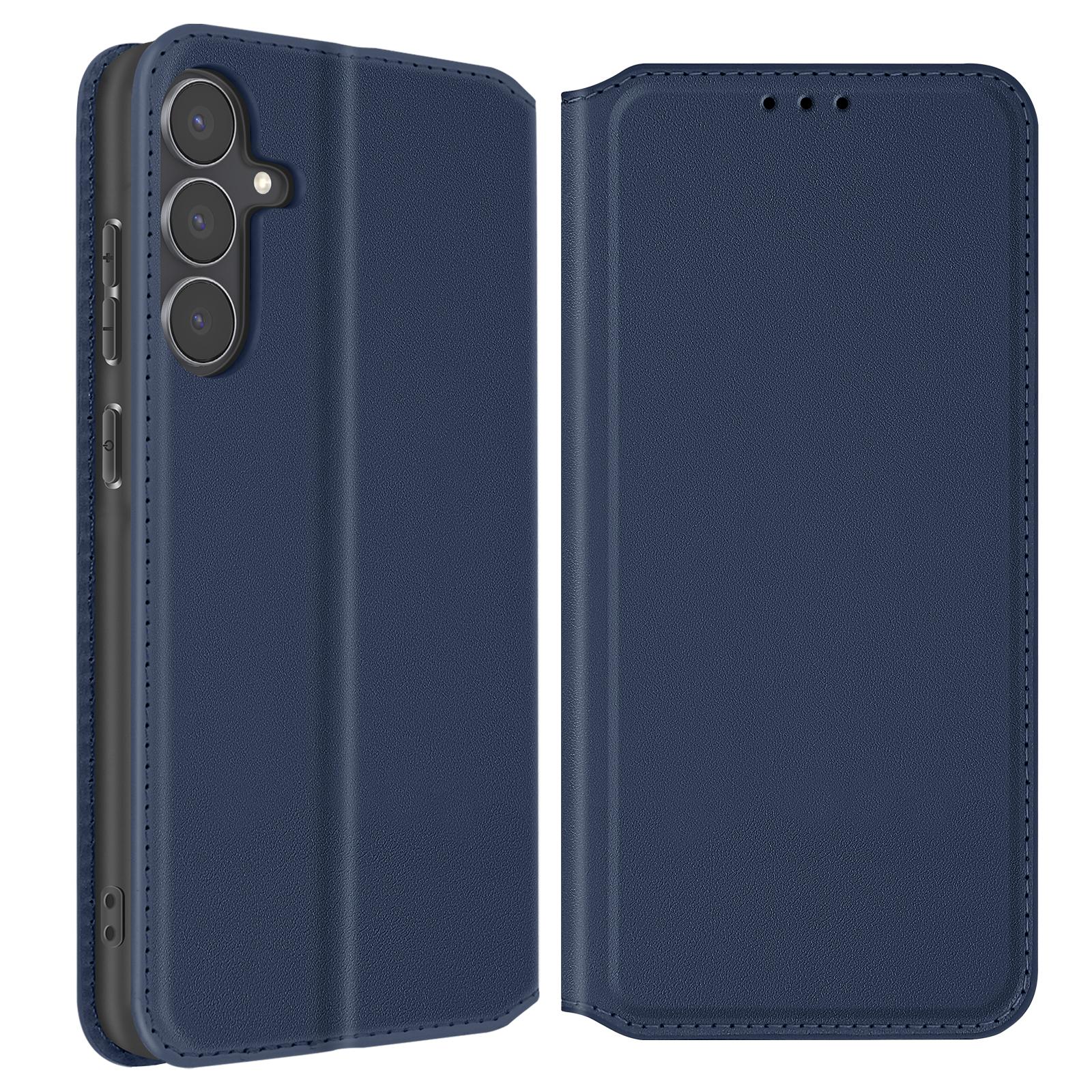 Una custodia blu navy è aperta. Il lato sinistro mostra la fotocamera e i pulsanti. Il lato destro è il coperchio.