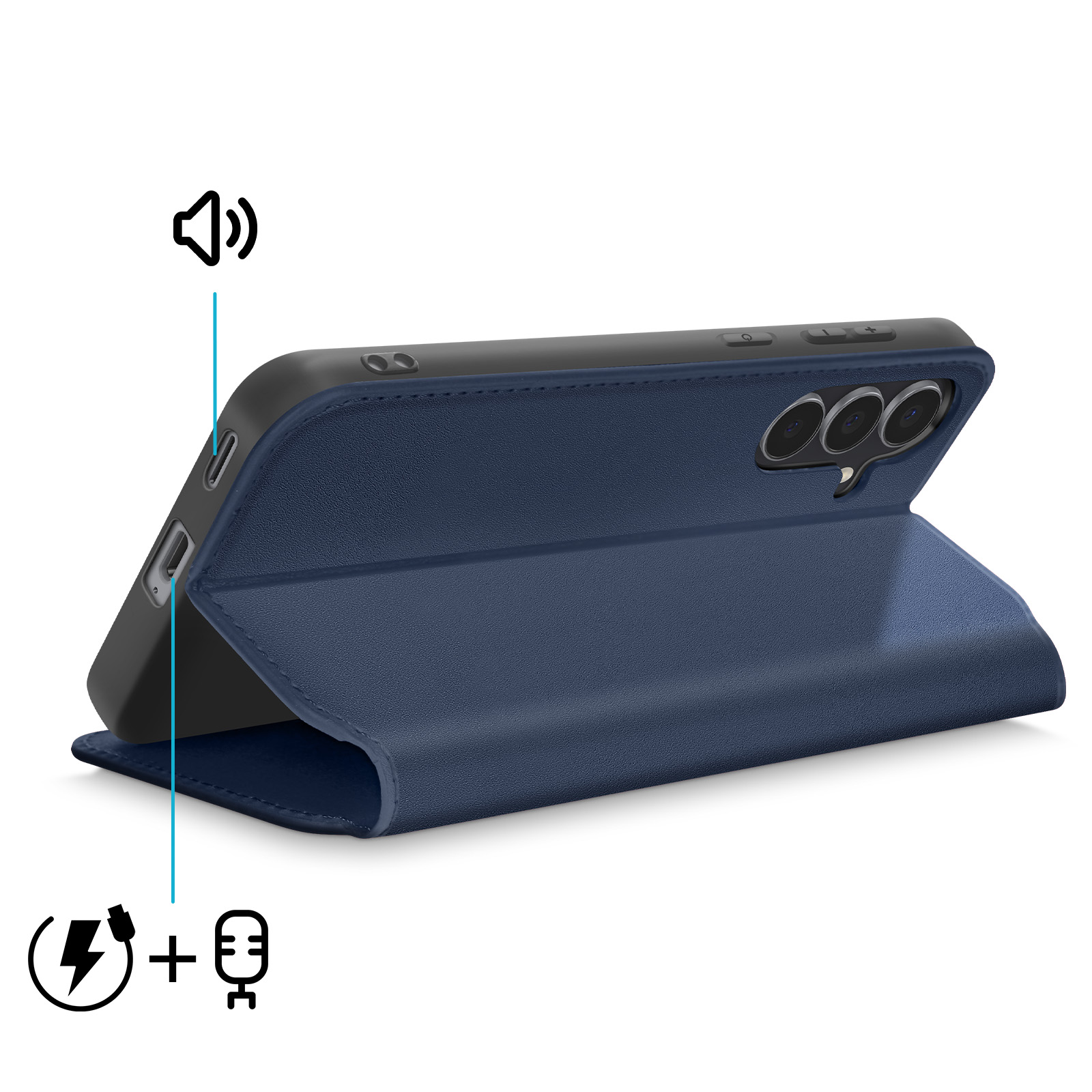 Una custodia blu navy con un telefono all'interno. La custodia è aperta, mostrando la fotocamera e i pulsanti del telefono.
