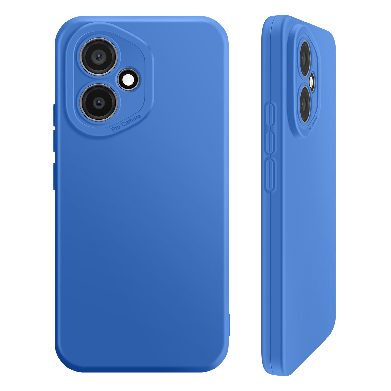 Coque de téléphone bleue avec deux lentilles de caméra, vue latérale montre des boutons. Fond blanc.
