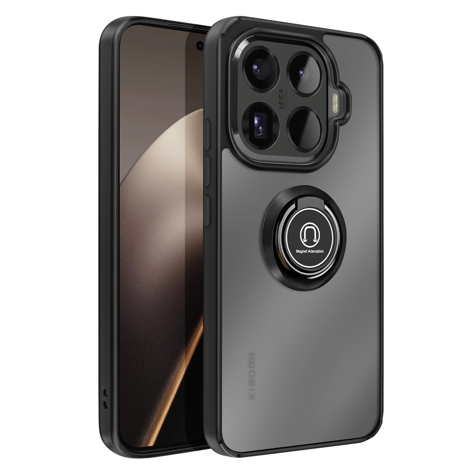 Een telefoon in een zwarte hoes met een ringhouder. De hoes heeft een uitsparing voor de camera en het woord 'Xiaomi'.