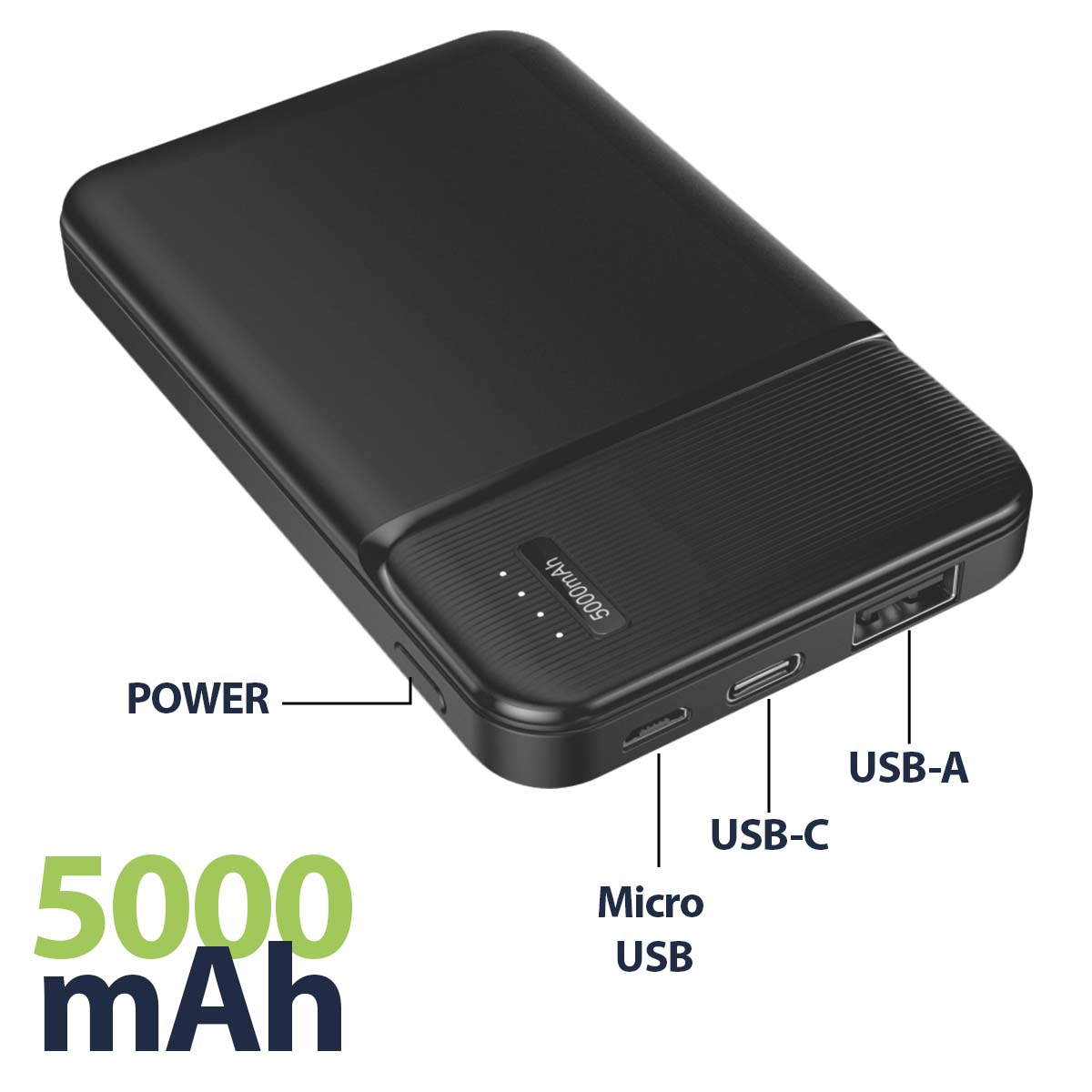 Banco de energía negro con puertos USB-A, USB-C y Micro USB. Tiene indicadores de energía y 5000 mAh. Texto etiqueta puertos y capacidad.
