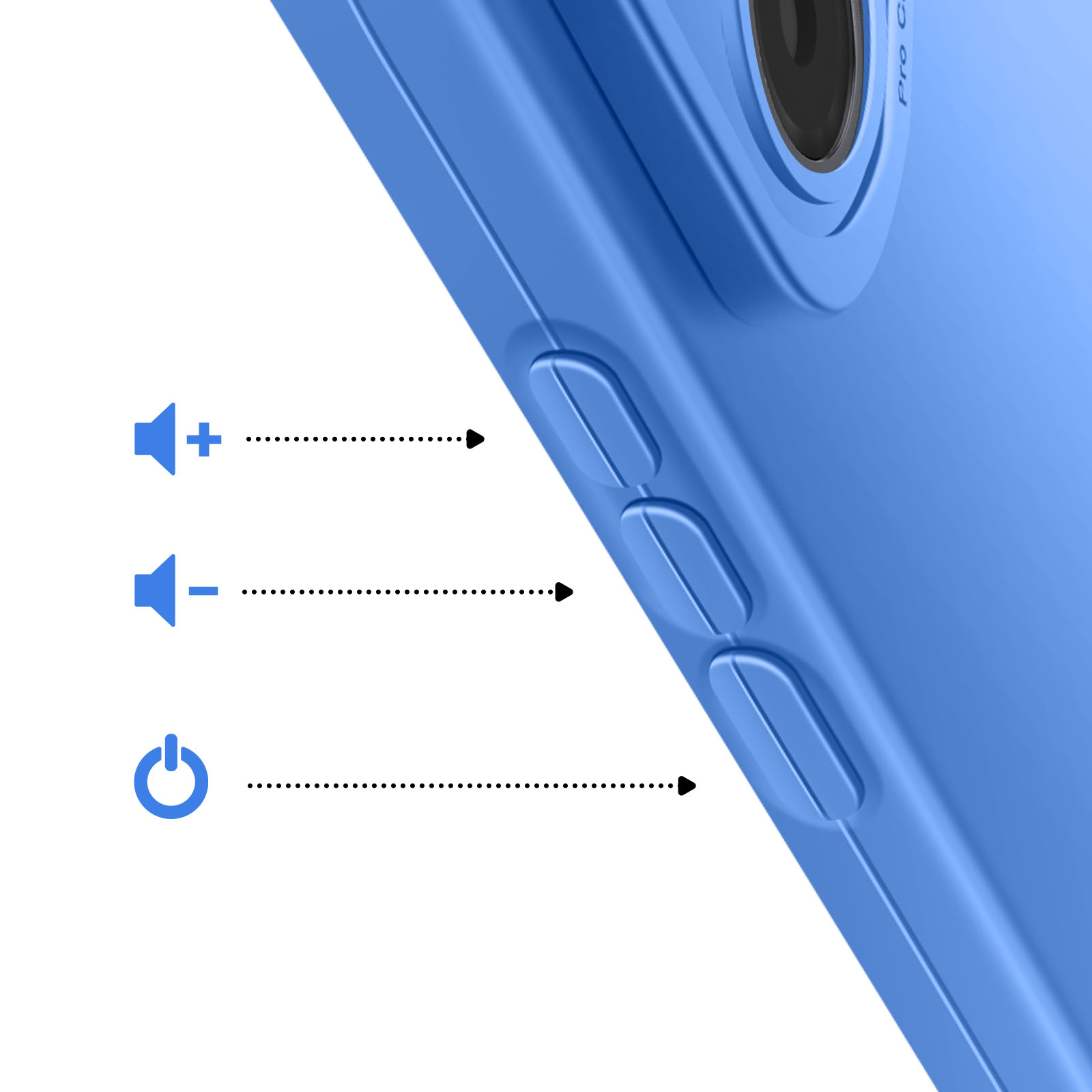 Coque de téléphone bleue avec icônes de volume et alimentation. Flèches vers boutons latéraux. Objectif caméra visible en haut.