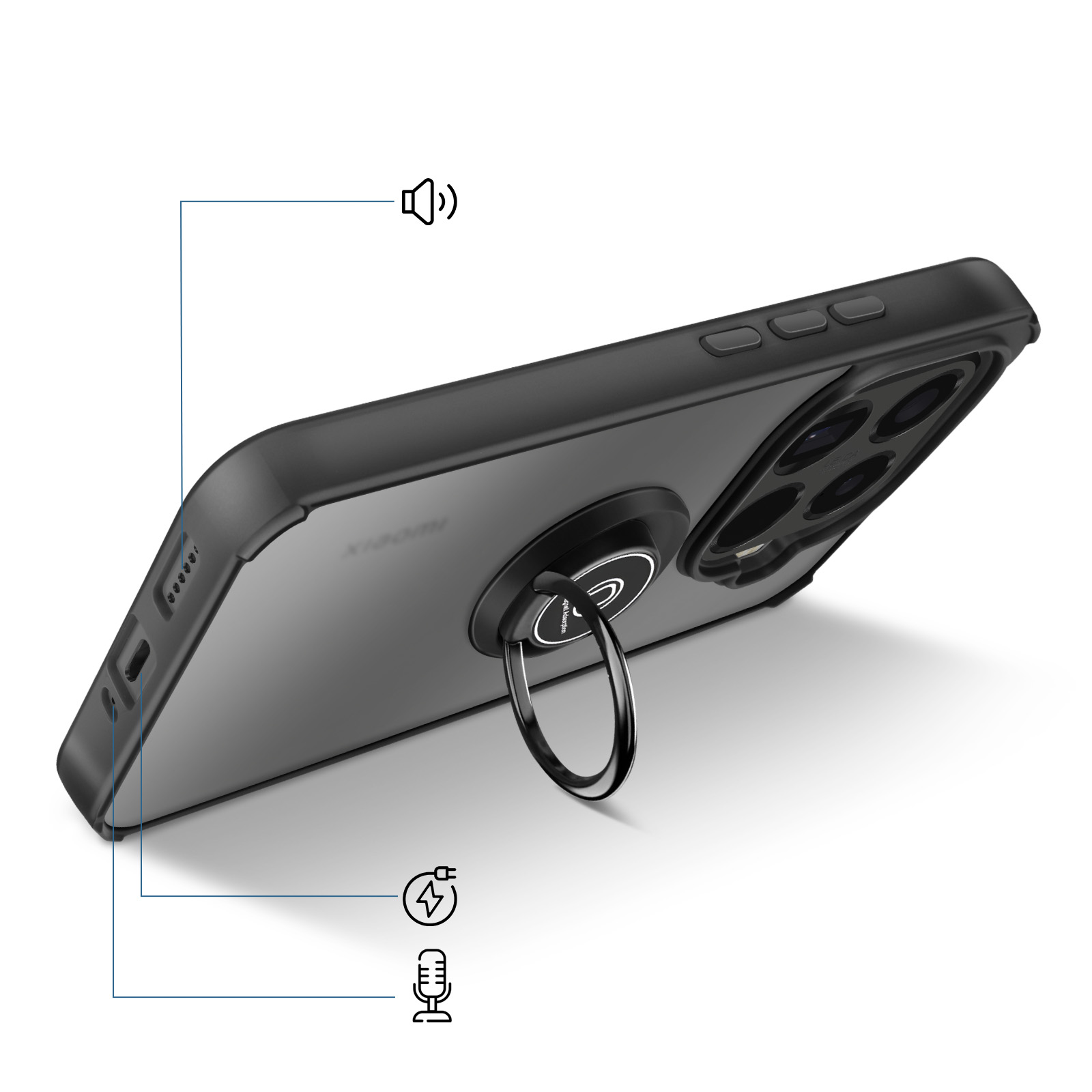 Een zwarte telefoon met een ringhouder bevestigd. Pictogrammen voor luidspreker, opladen en microfoon worden weergegeven.