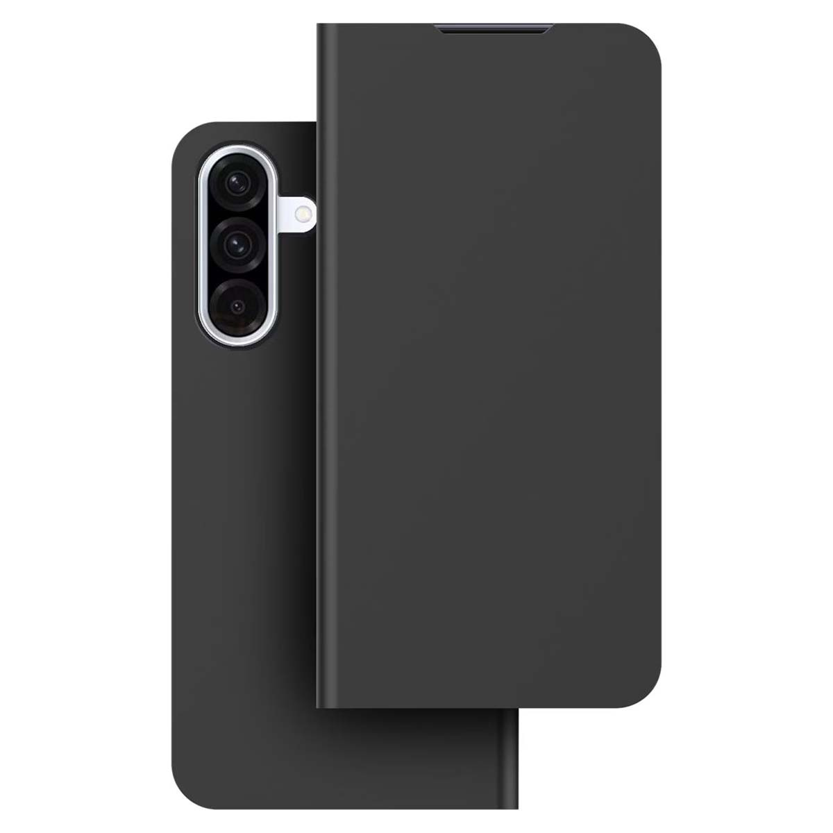 Smartphone nero con custodia protettiva. Il telefono ha tre fotocamere. La custodia è aperta e copre lo schermo.