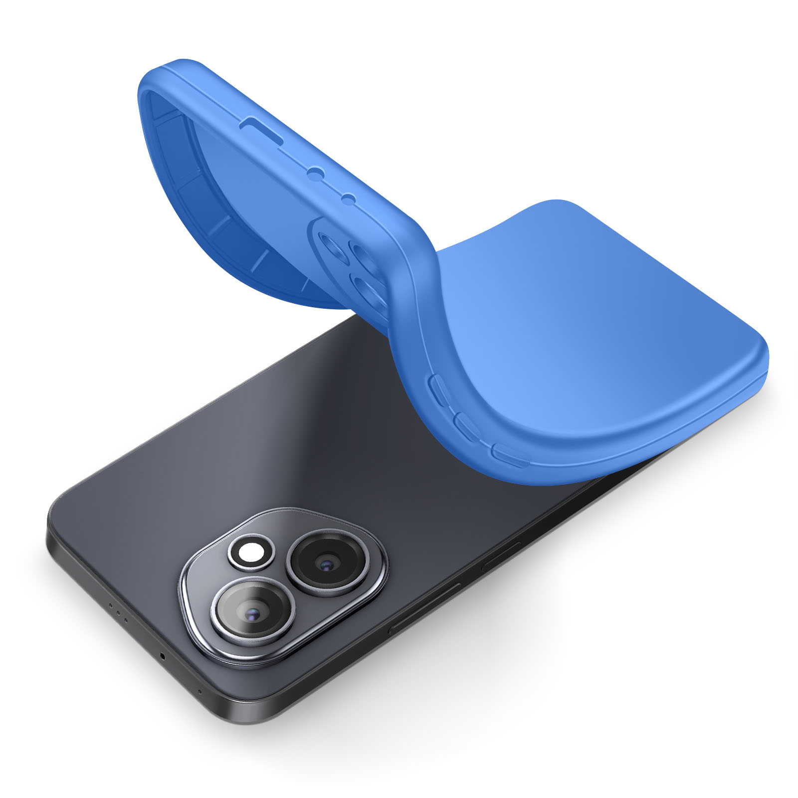 Un téléphone avec un étui bleu qui le recouvre partiellement. L'étui est soulevé, révélant les lentilles de l'appareil photo.