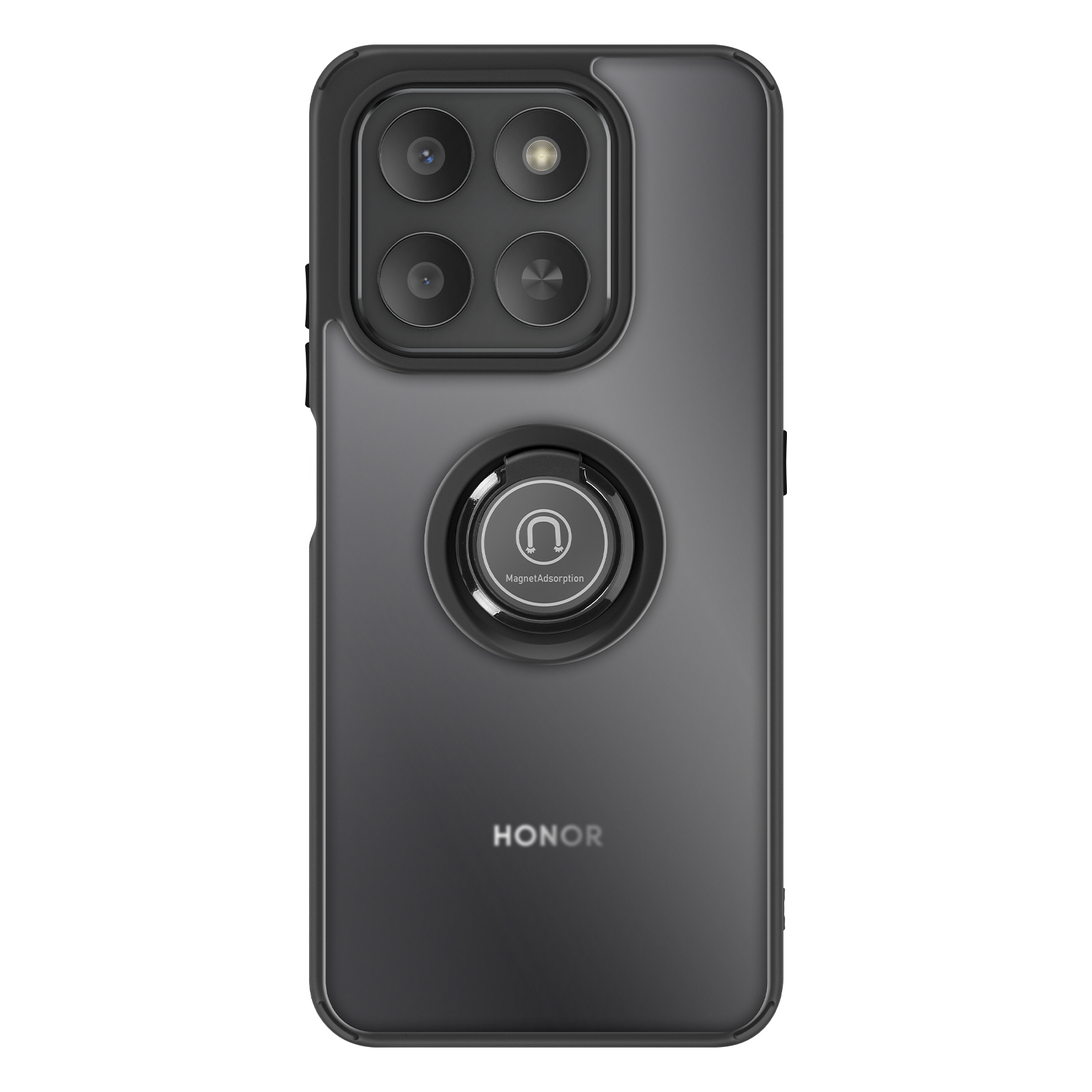 Een donkergrijze telefoonhoes met vier cameralenzen. Het heeft een ringhouder en het Honor-logo.