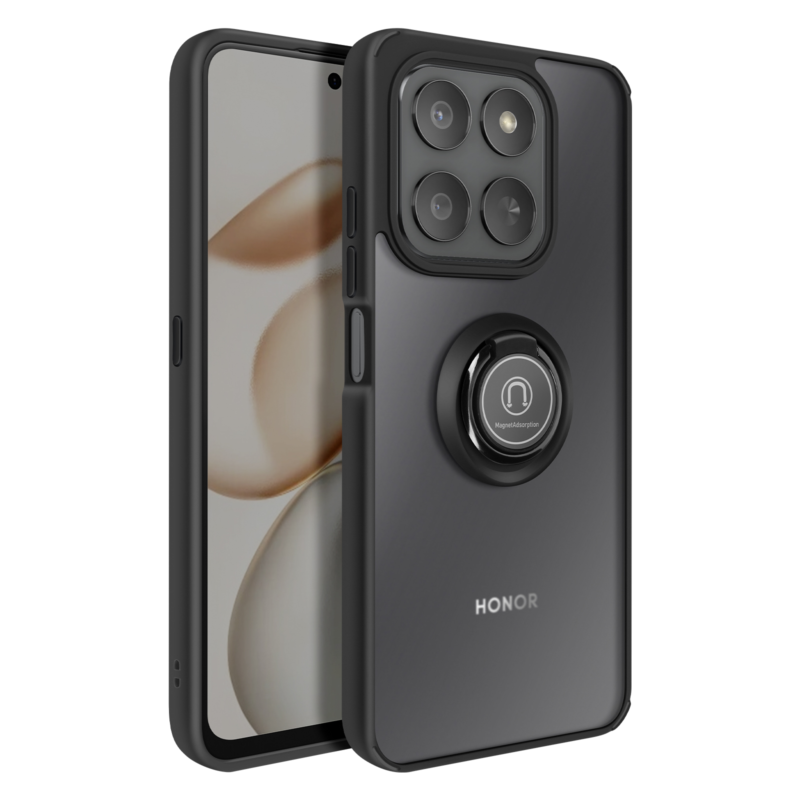 Een zwarte telefoonhoes met een ringhouder bevestigd, die de achterkant van een telefoon laat zien. HONOR-logo zichtbaar.