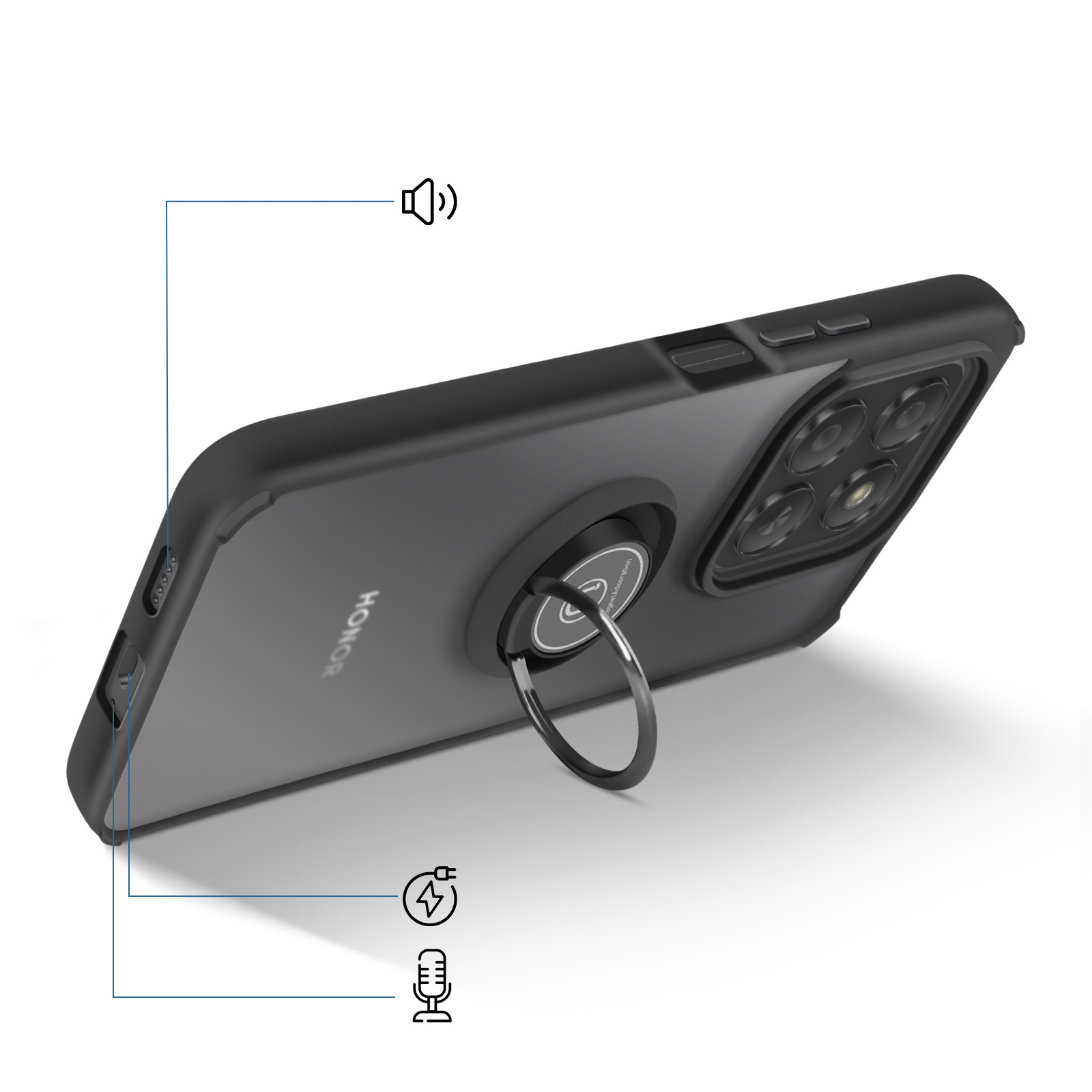 Zwarte telefoon met ringhouder. Transparante achterkant, Honor-logo. Iconen tonen luidspreker, opladen en microfoon.