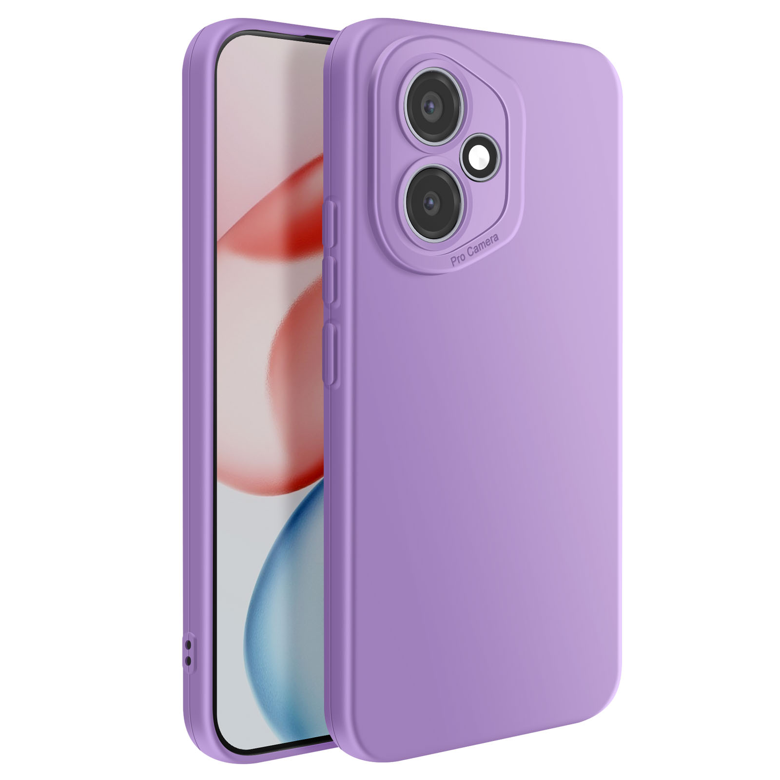 Une coque de téléphone violette avec un téléphone à l'intérieur. La coque a une bosse de caméra avec 'Pro Camera'.