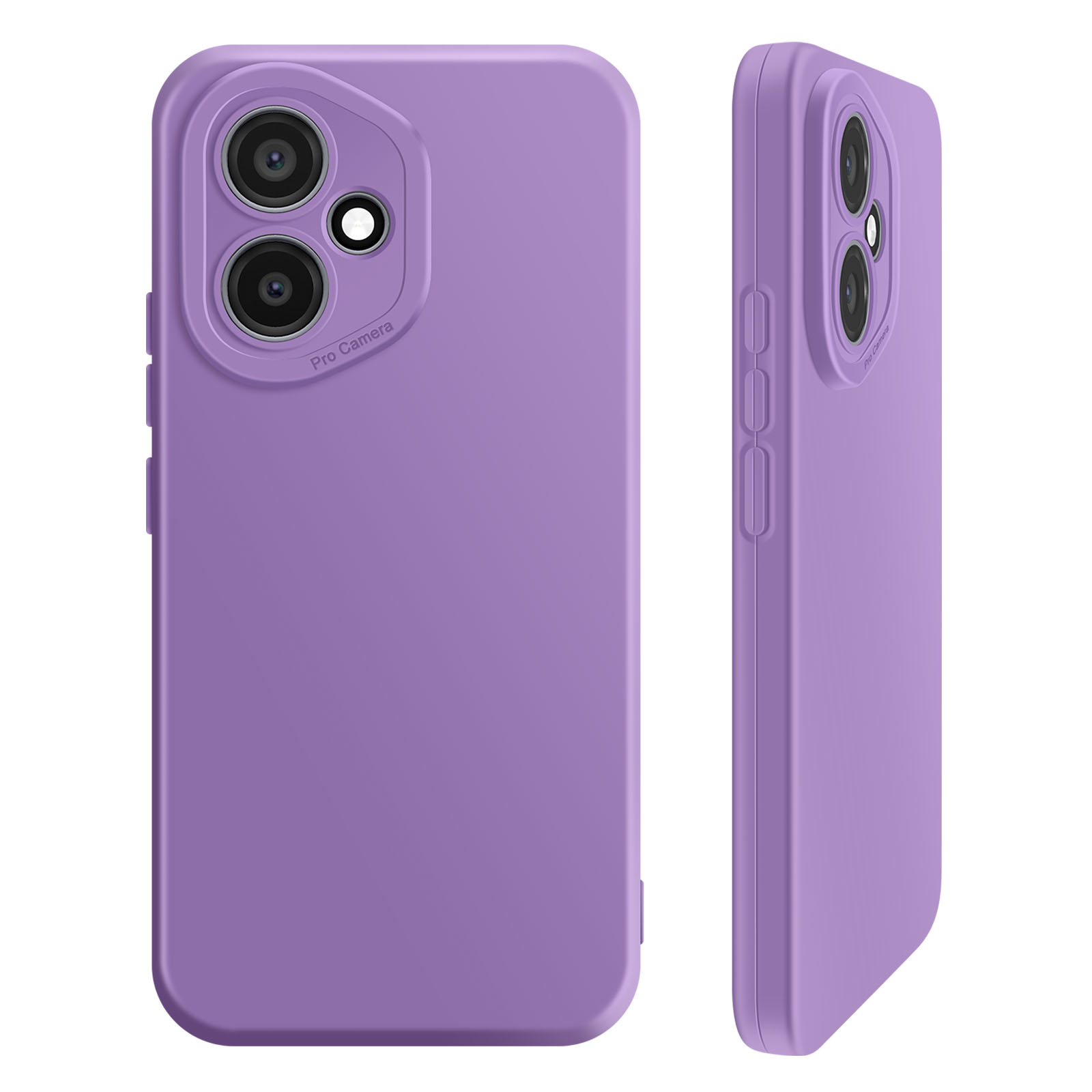 Un étui de téléphone violet avec une bosse de caméra est montré de face et de côté, avec des objectifs de caméra visibles.