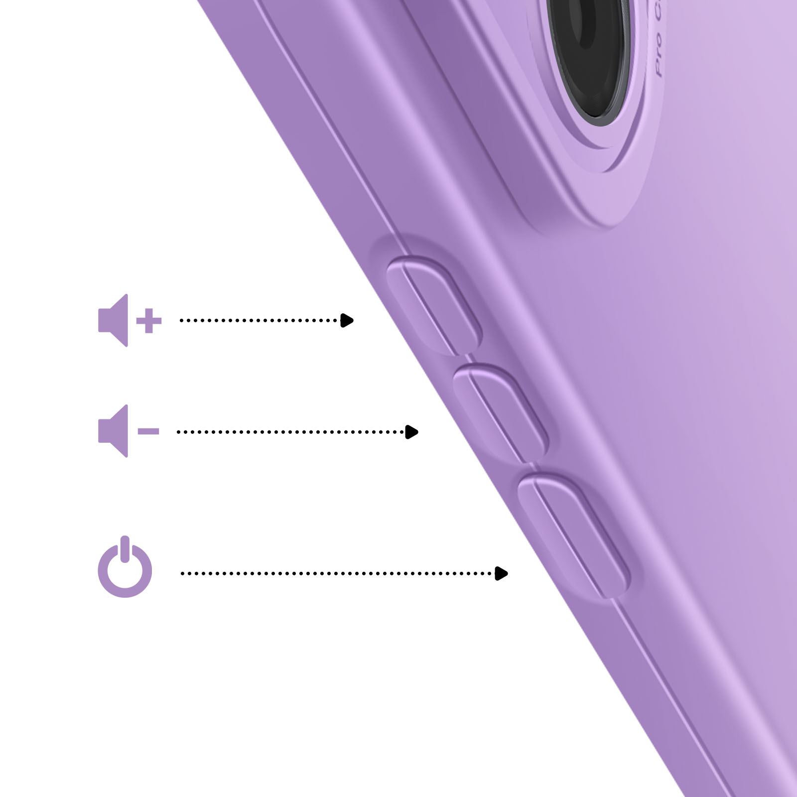 Gros plan sur un téléphone violet avec des boutons de volume et d'alimentation. Des flèches pointent vers les boutons.