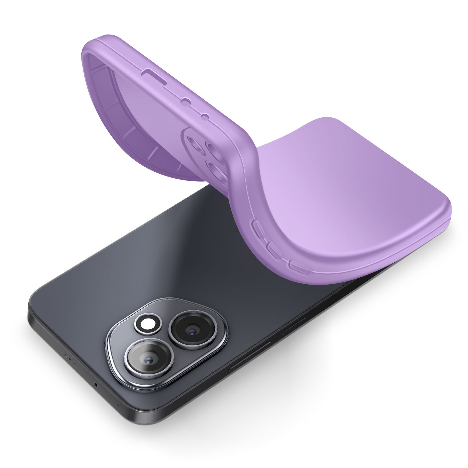 Un téléphone avec une coque violette le recouvrant partiellement. La coque est soulevée. Le téléphone est gris foncé.