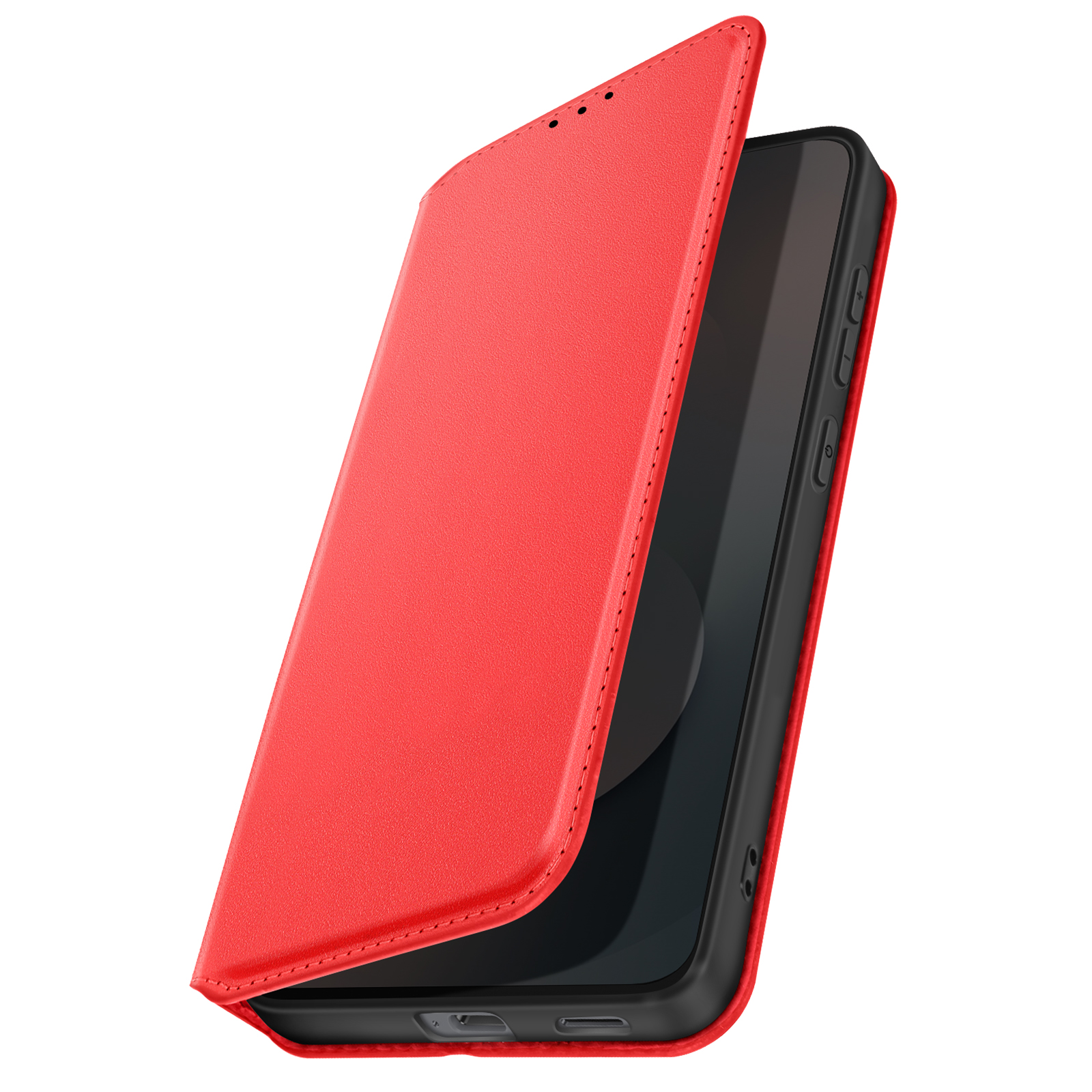 Una custodia rossa con coperchio a ribalta è aperta, rivelando un telefono nero. Lo sfondo è bianco.