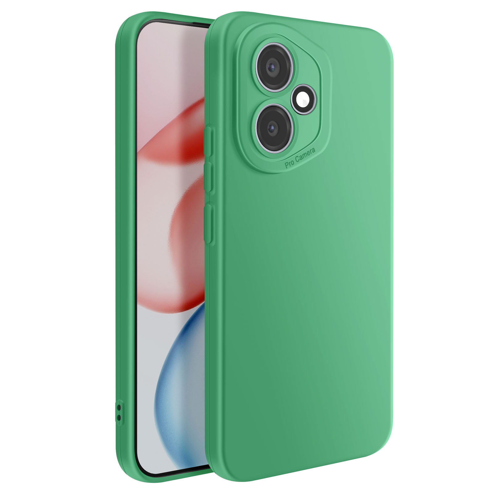 Coque de téléphone verte avec détails de caméra. À l'intérieur, un écran avec des couleurs rouges et bleues.