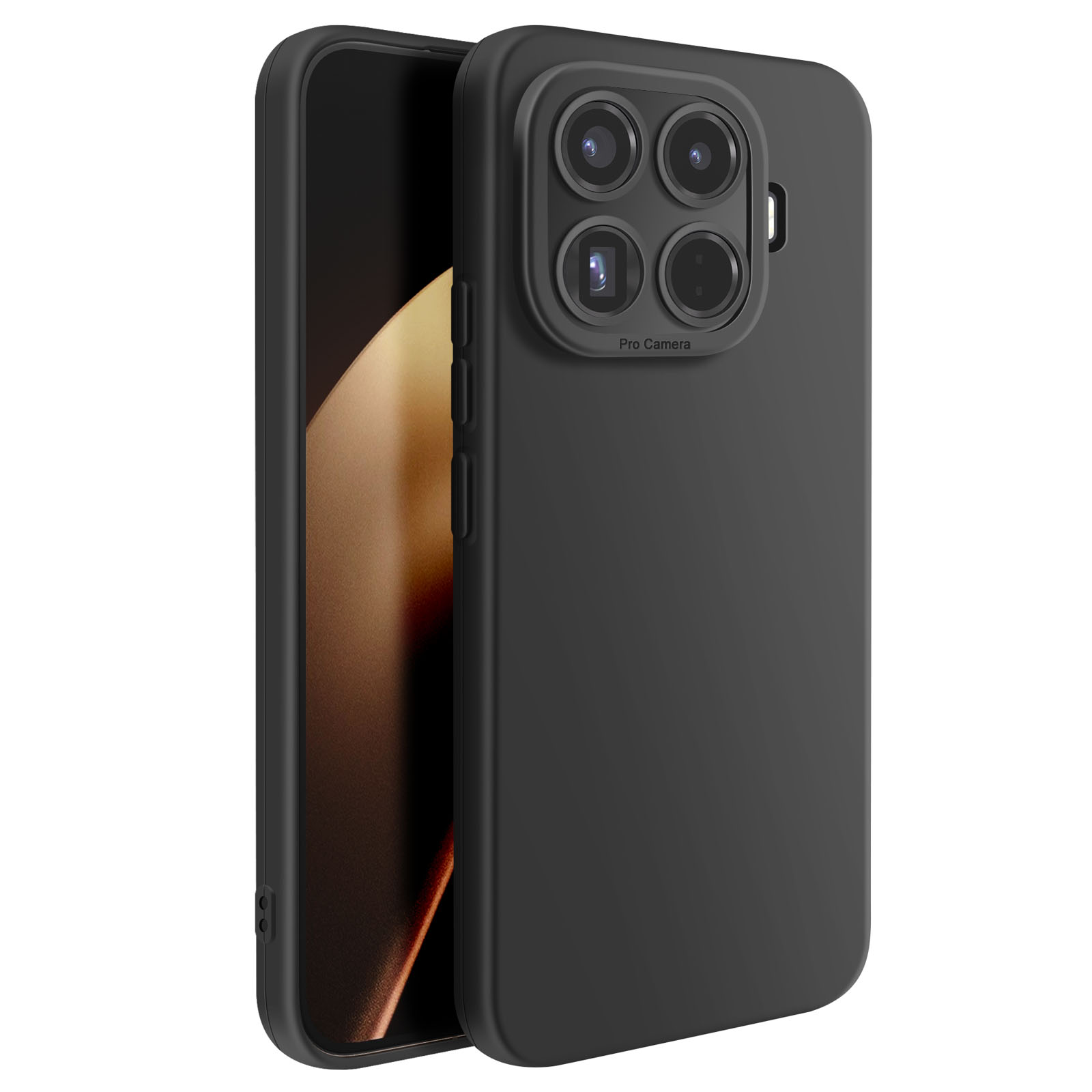 Schwarzes Telefon mit Schutzhülle. Die Hülle hat vier Kameralinsen, einen schwarzen Bildschirm und Knöpfe.