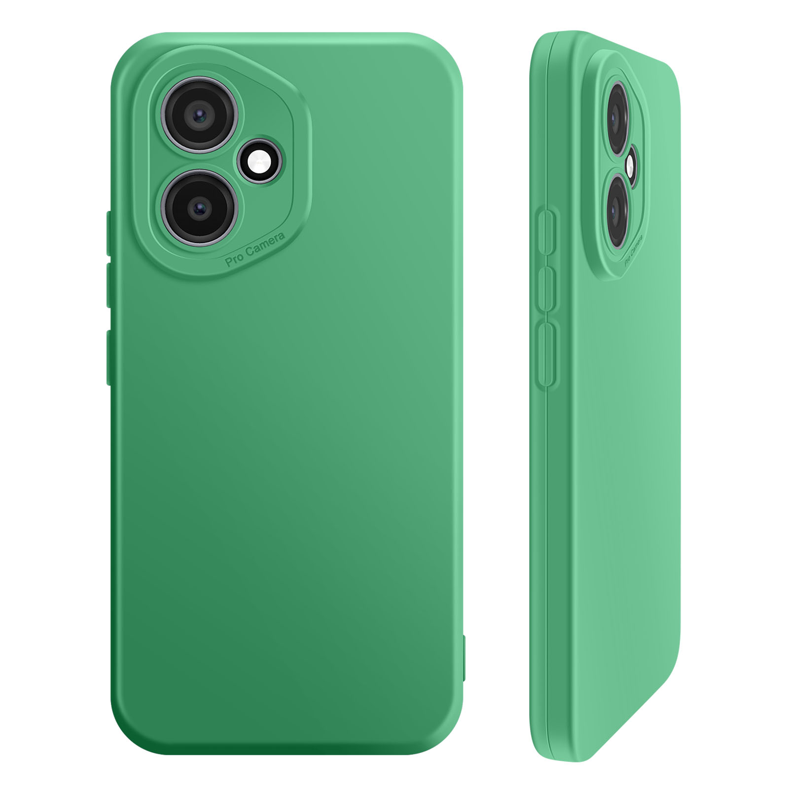 Coque de téléphone verte avec bosse pour appareil photo. Deux lentilles à gauche, trois boutons sur le côté. Pro Camera écrit.