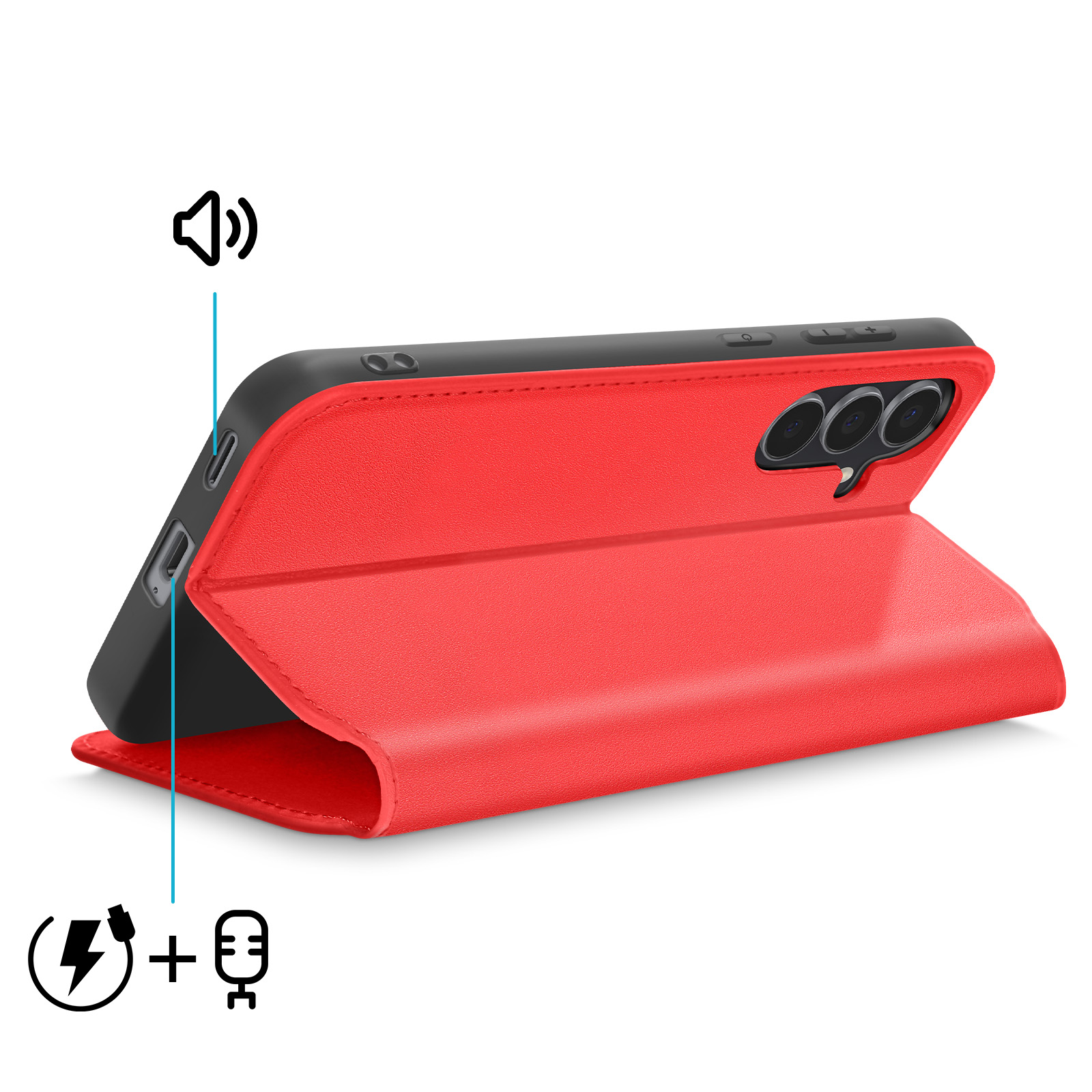 Custodia rossa con telefono nero all'interno, che mostra fotocamera, pulsanti e porte. I simboli indicano suono, ricarica e microfono.