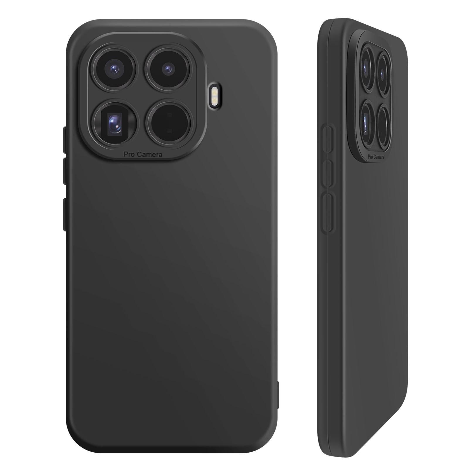 Eine schwarze Handyhülle, Seiten- und Vorderansicht, mit Kameraausschnitt und den Worten 'Pro Camera'.