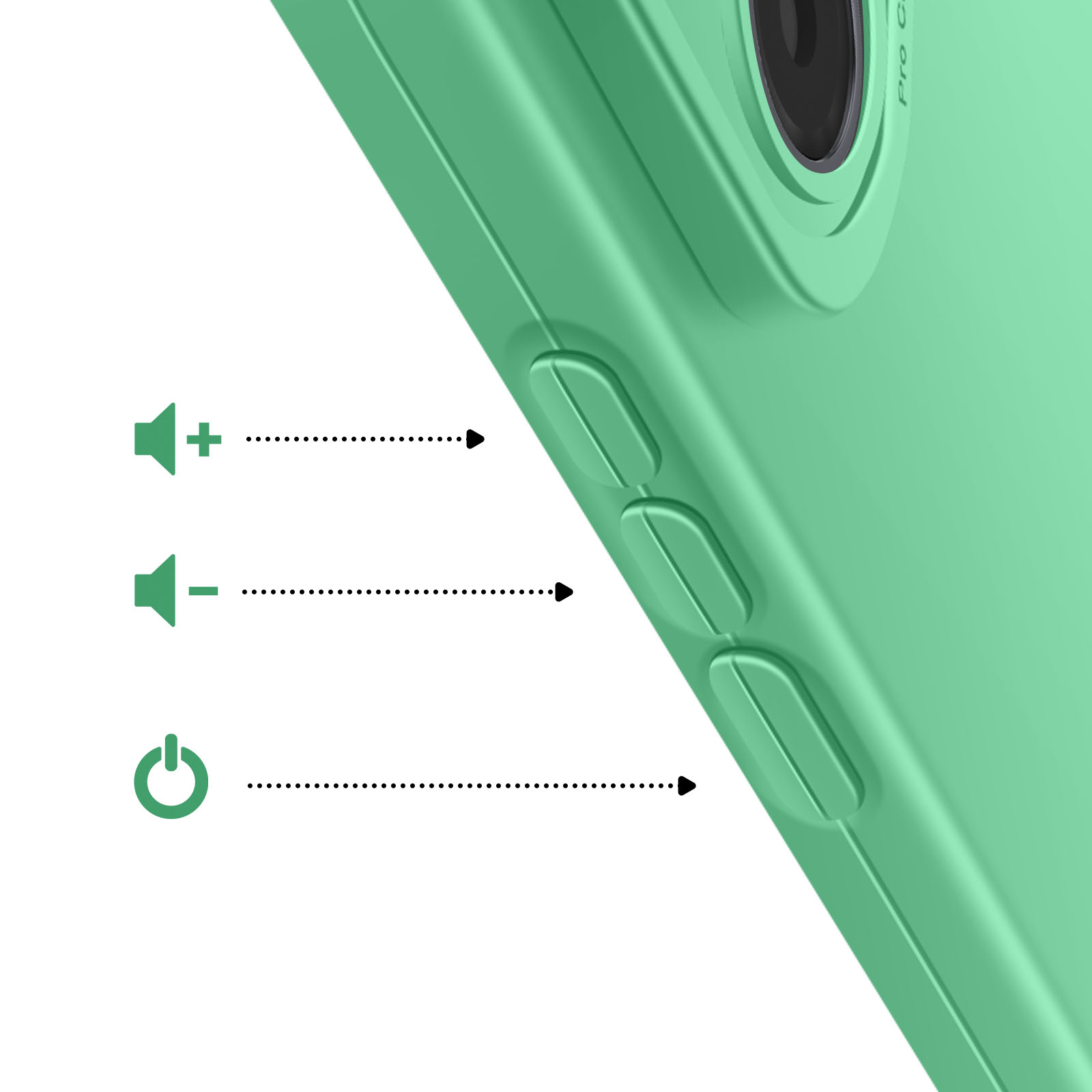 Une coque de téléphone vert menthe avec icônes de volume et d'alimentation. Des flèches pointent vers les boutons latéraux.