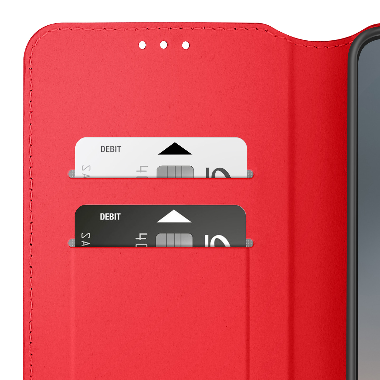 Custodia rossa per telefono con due slot per carte. Inserite una carta bianca e una nera.