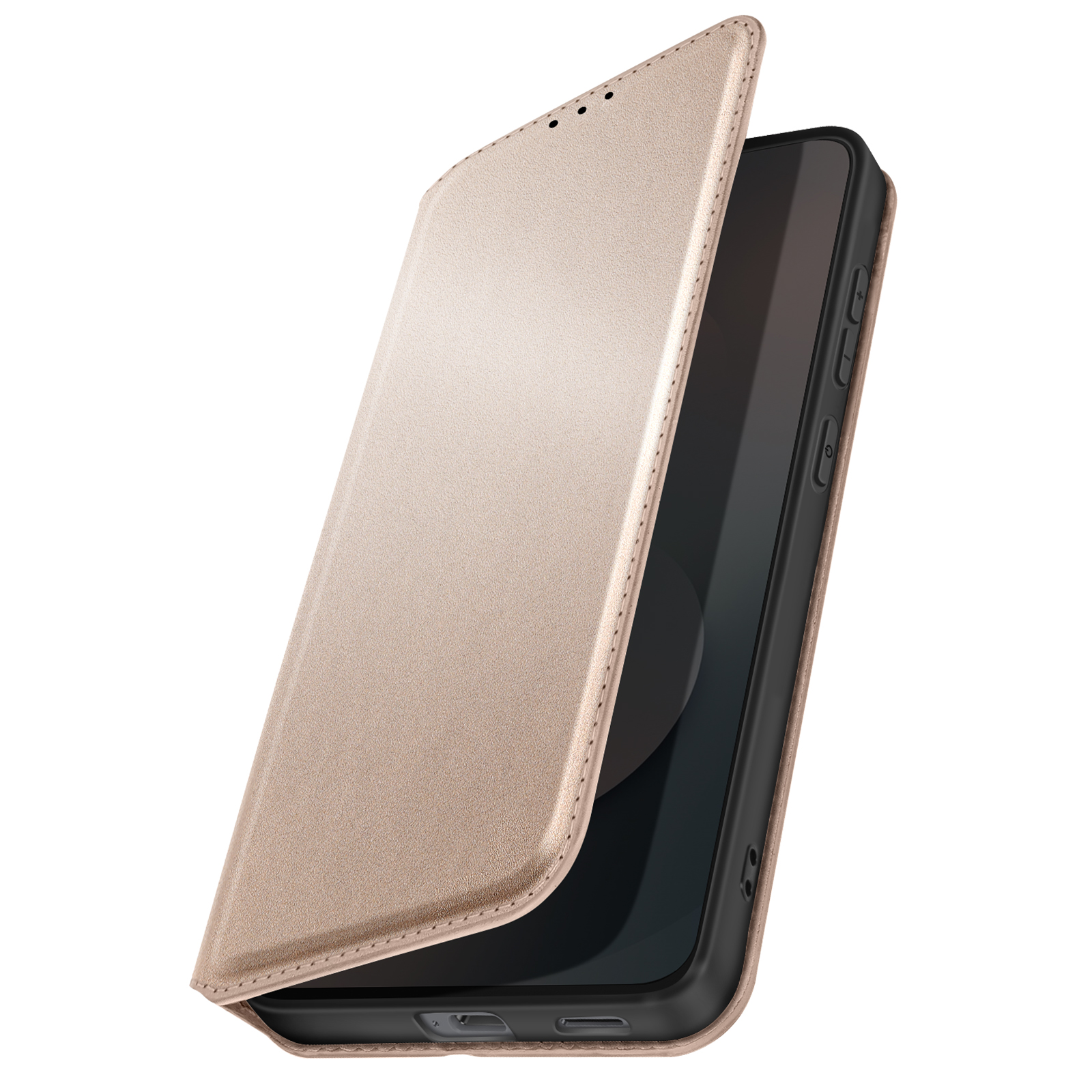 Una custodia beige è aperta, rivelando un telefono nero. La custodia è in similpelle con cuciture sul bordo.