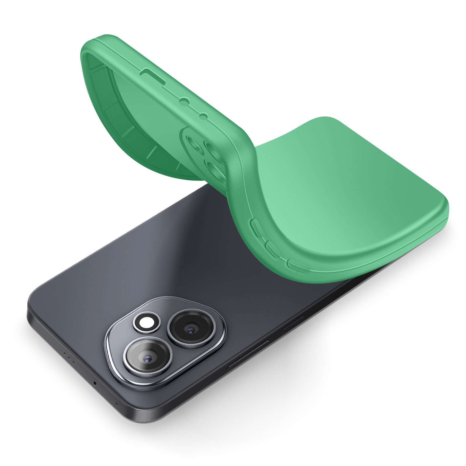 Un smartphone avec une coque verte est partiellement recouvert. La coque est incurvée, avec un téléphone gris foncé en dessous et un fond blanc.