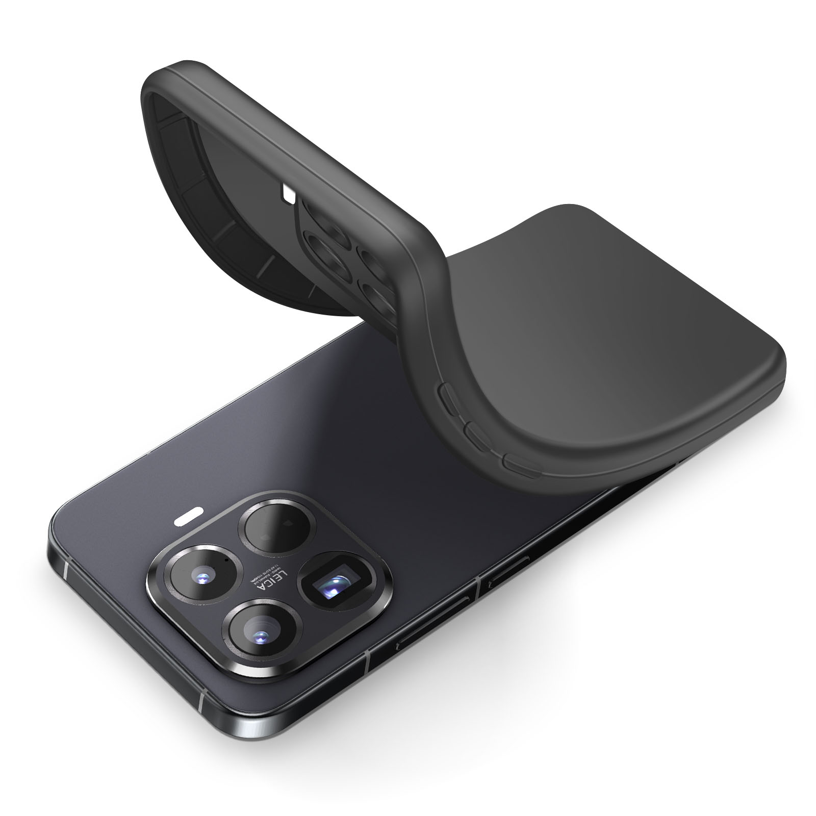 Ein schwarzes Telefon mit schwarzer Hülle liegt auf weißem Untergrund. Die Hülle ist angehoben und zeigt die Kamera.