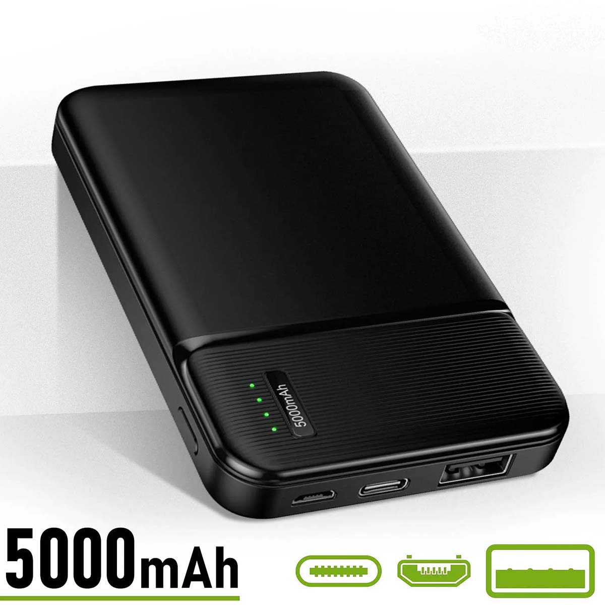 Un banco de energía negro con 5000mAh. Tiene un indicador de carga y varios puertos. El texto '5000mAh' está debajo.