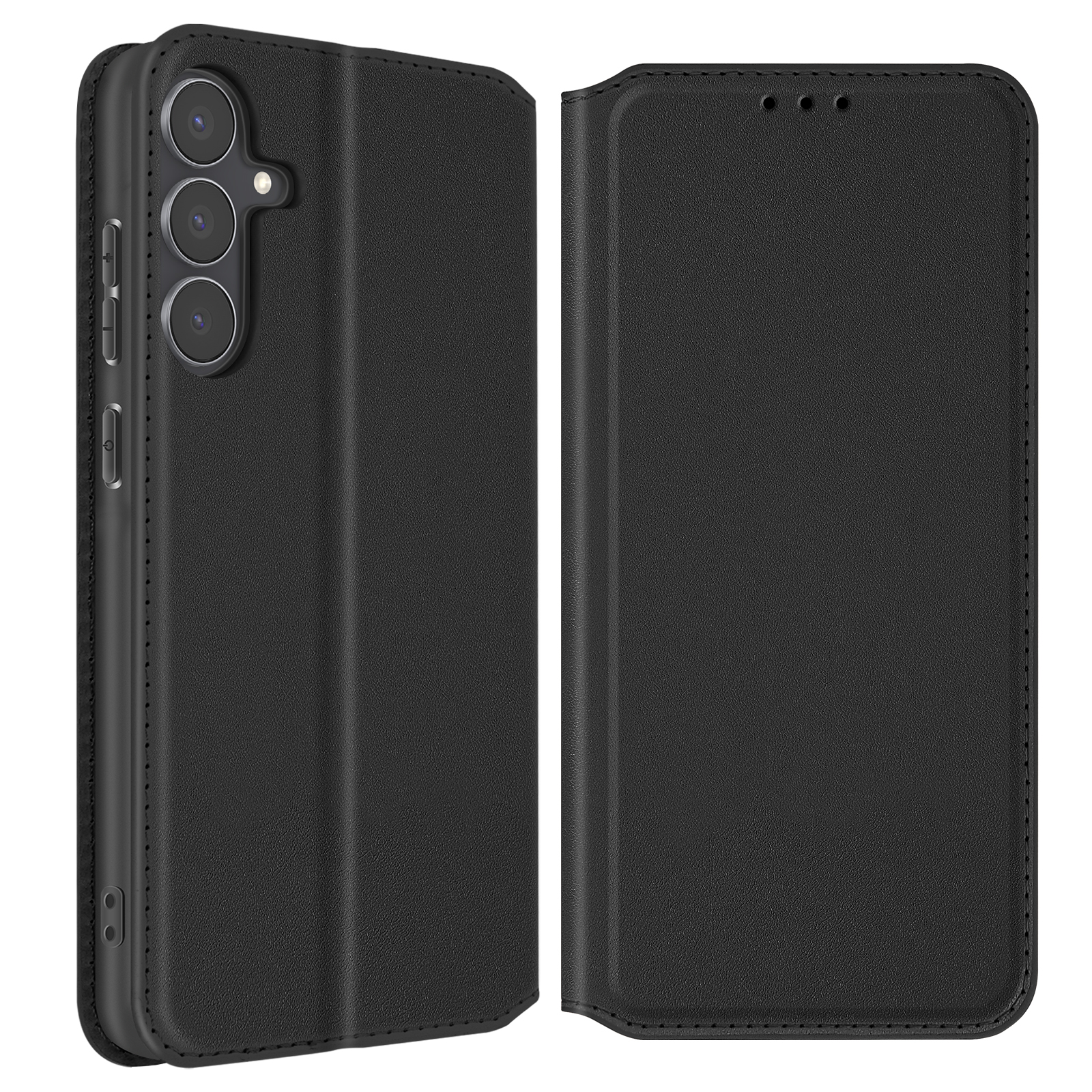 Una custodia nera per telefono, parzialmente aperta, che rivela uno smartphone con tre obiettivi. La custodia ha una superficie strutturata.
