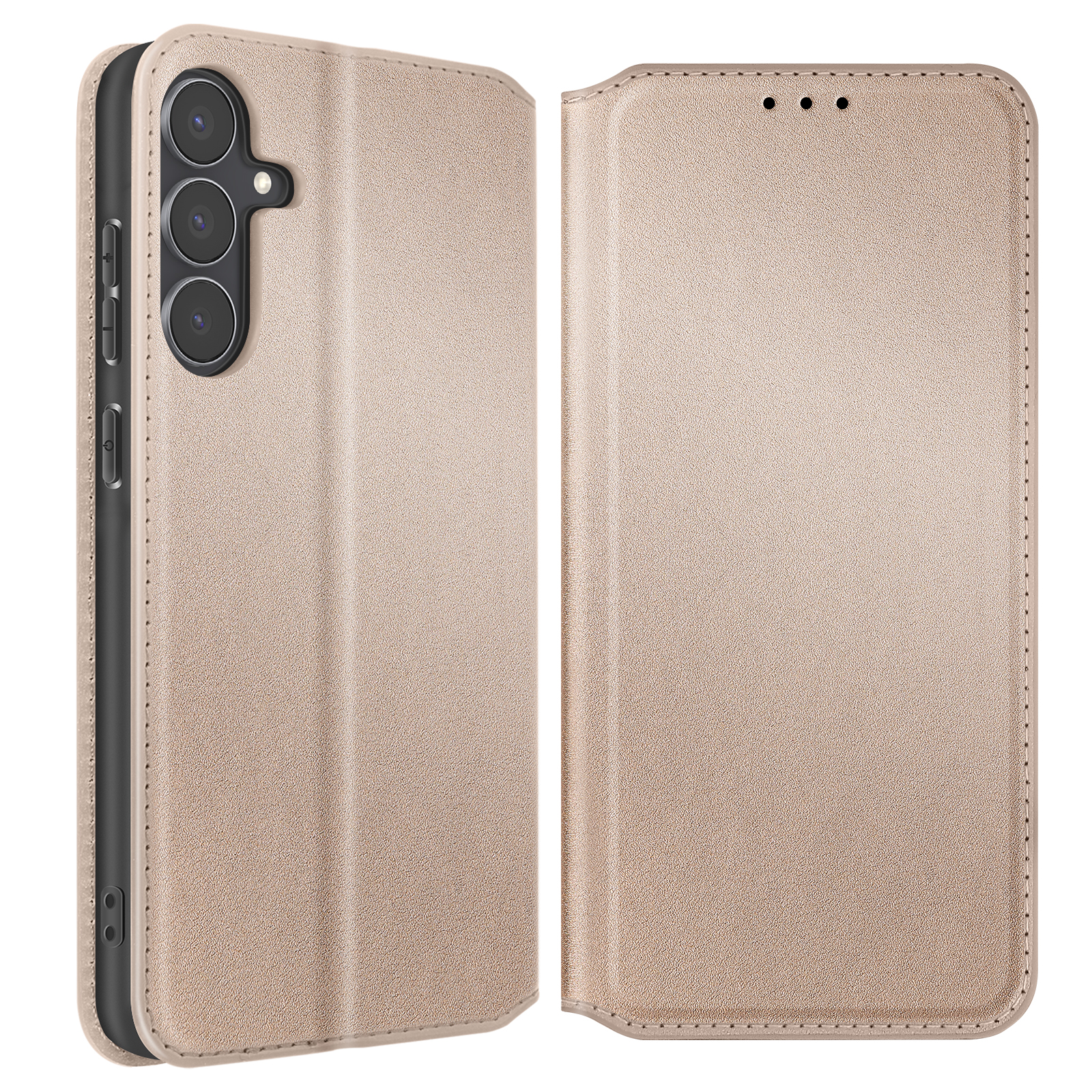 Una custodia beige per telefono, aperta. Ha un telefono a sinistra, tre fotocamere e una cover a destra.