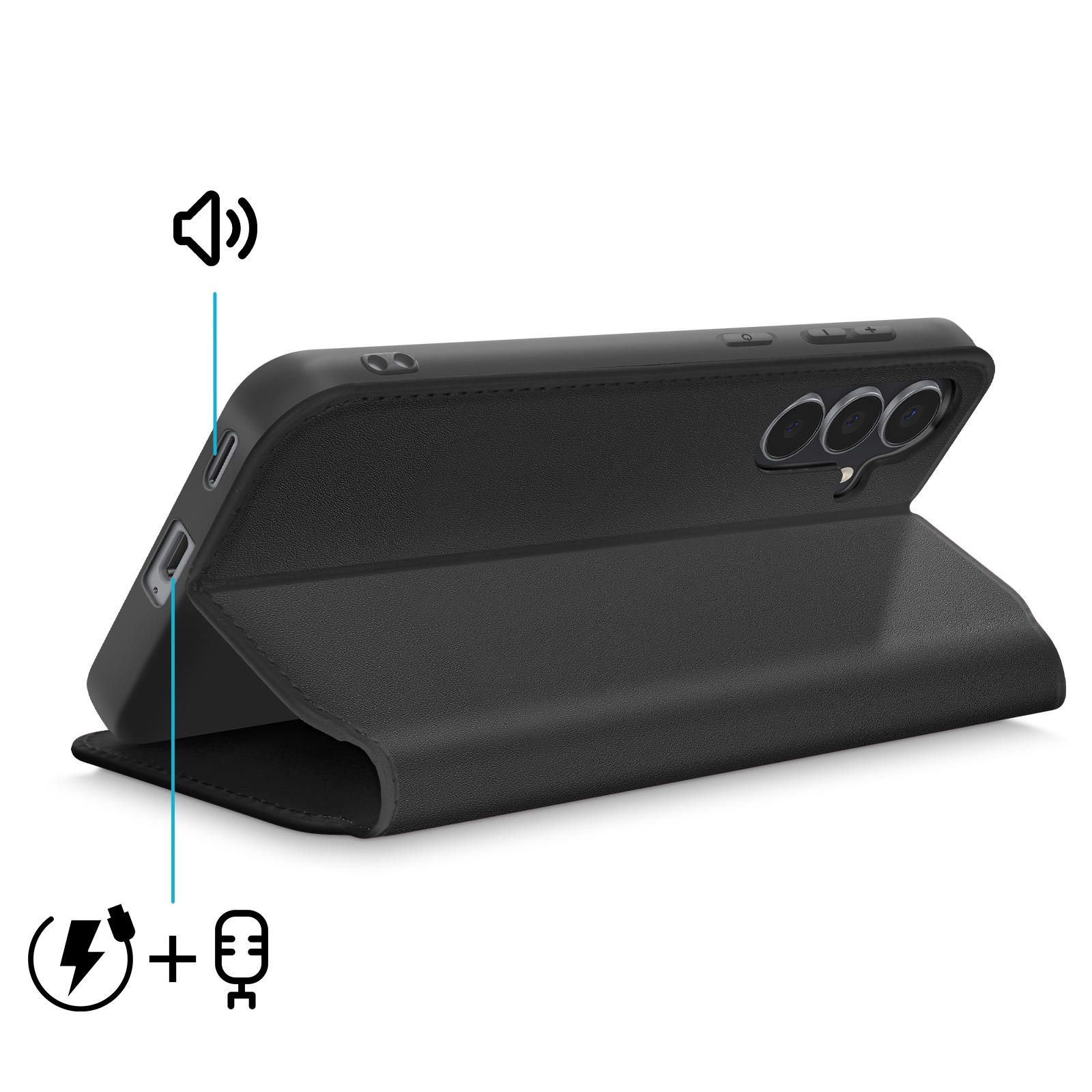 Custodia nera per telefono aperta, che mostra telefono e fotocamera. Icone per volume, ricarica e microfono.