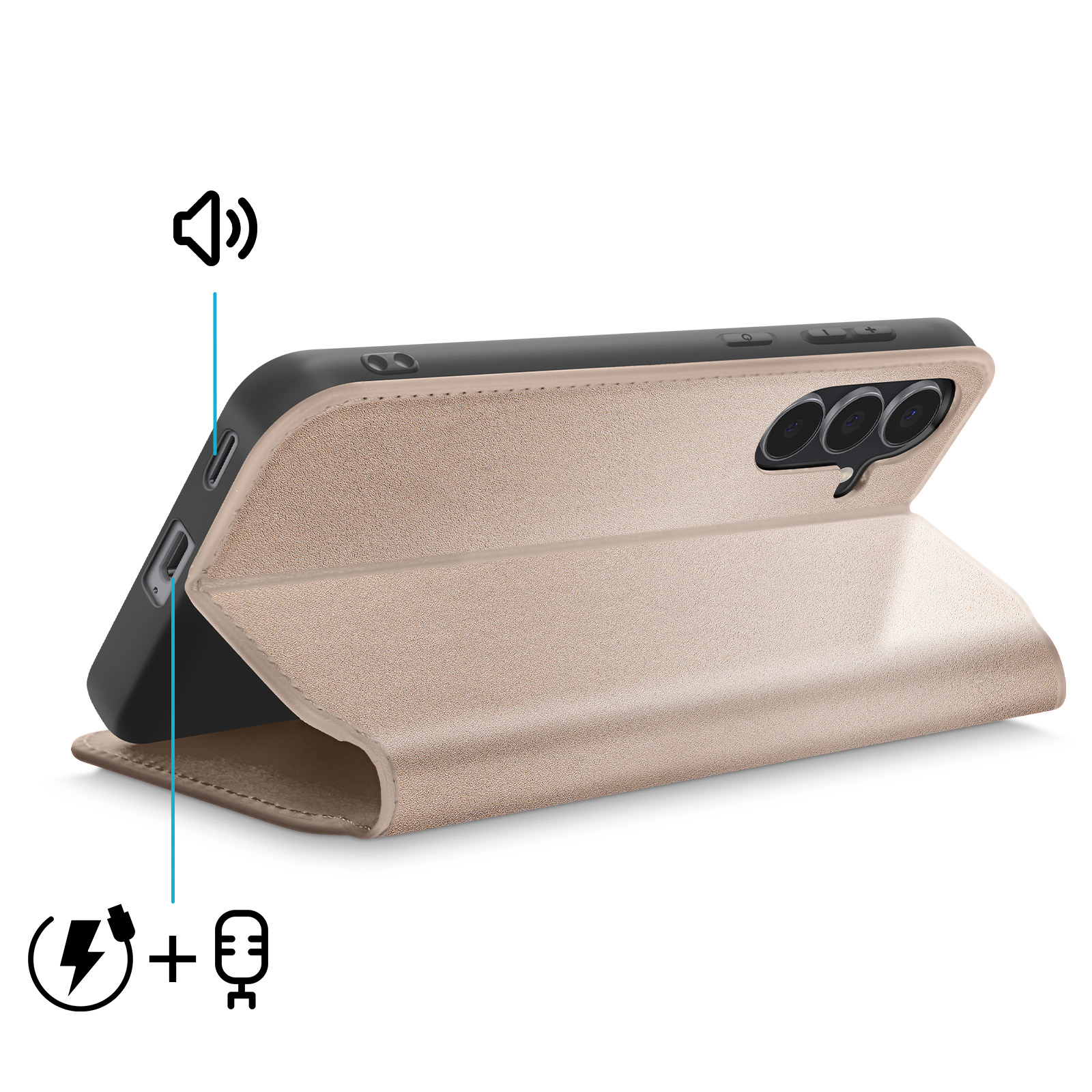 Una custodia beige per telefono con un telefono all'interno. I simboli per il suono, la ricarica e il microfono sono mostrati a sinistra.