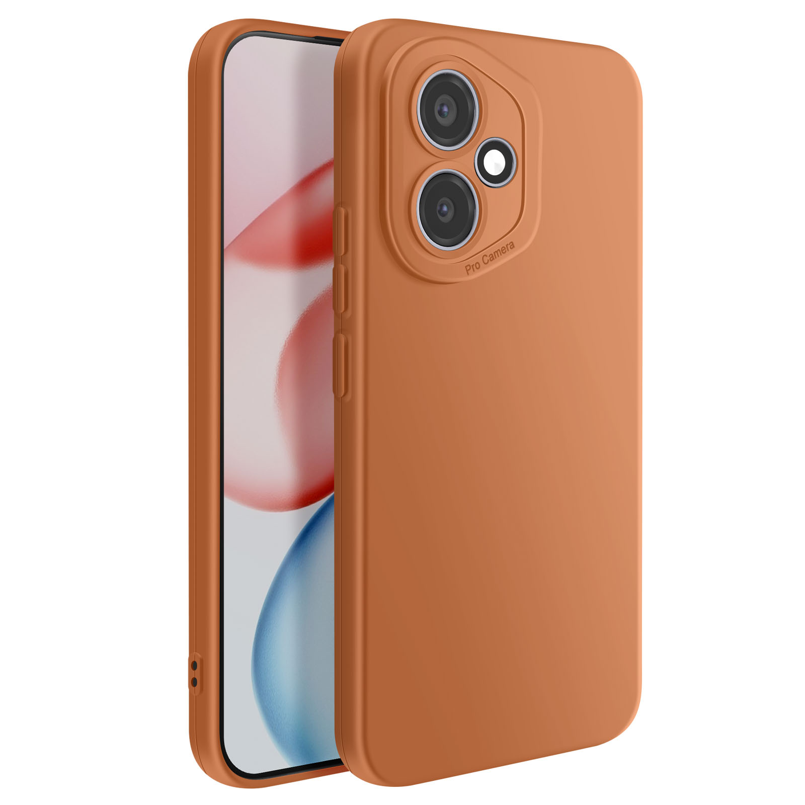 Une coque de téléphone orange avec un téléphone à l'intérieur. L'étui a des lentilles de caméra. L'écran du téléphone affiche des formes colorées.