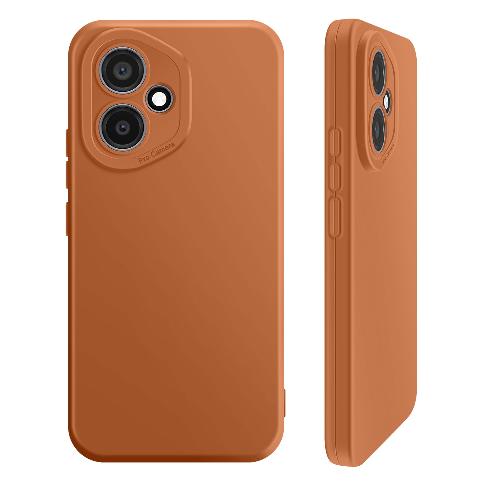 Deux coques de téléphone oranges, l'une montrant la zone de la caméra. L'autre montre le côté avec les boutons.