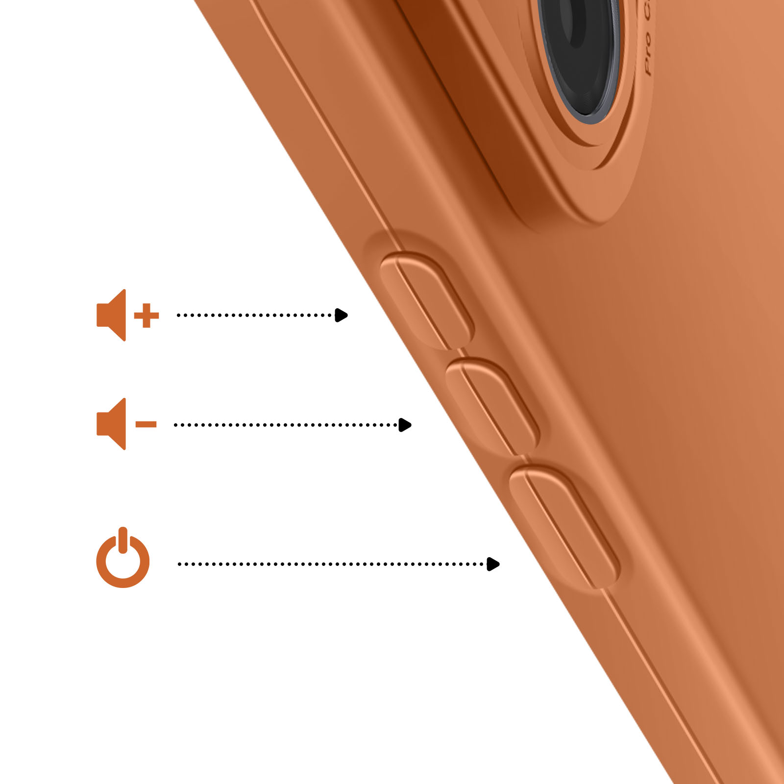 Coque de téléphone orange avec icônes de volume et d'alimentation. Le côté comporte des boutons de volume et un objectif d'appareil photo.