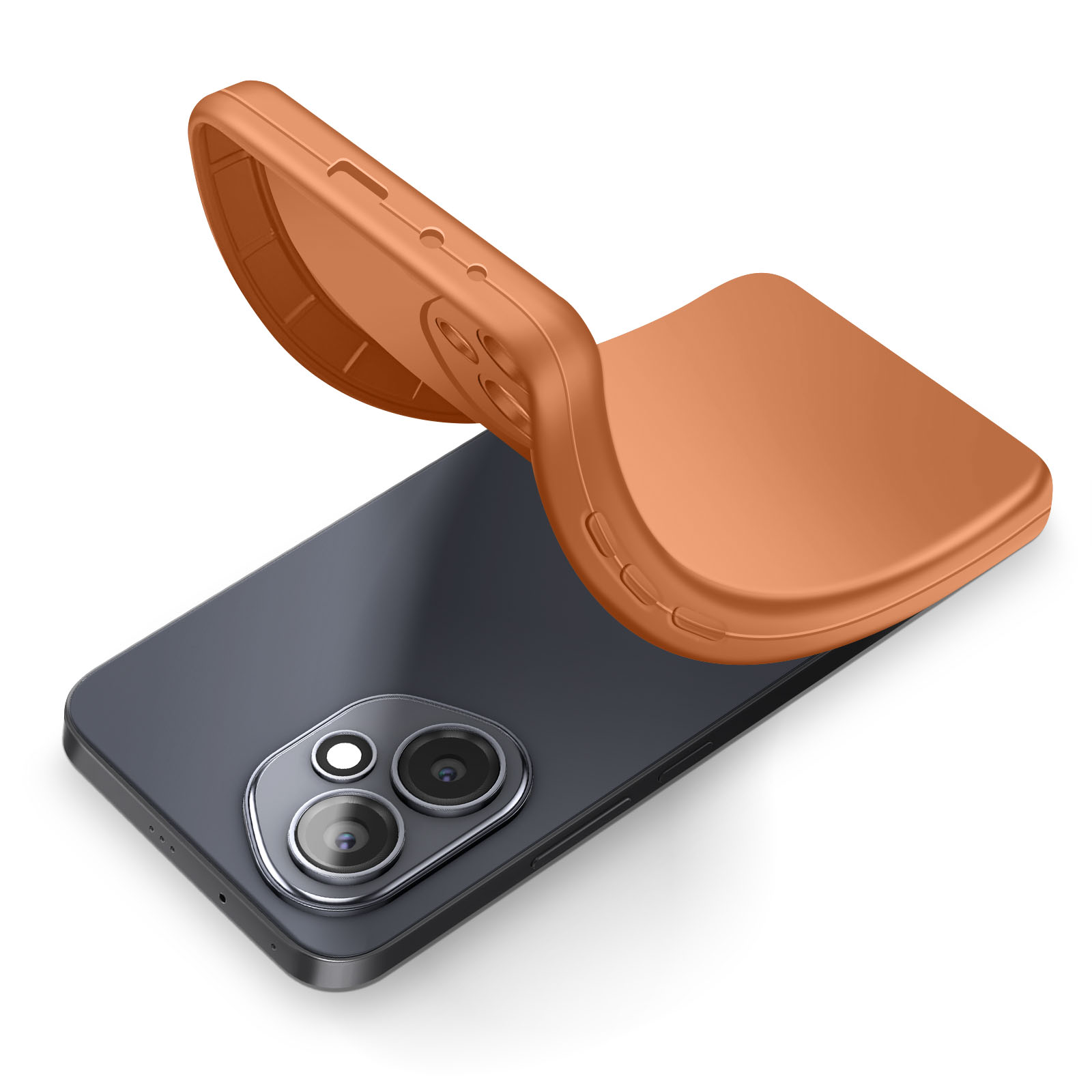 Un téléphone avec un étui orange flexible. L'étui est retiré, révélant l'appareil photo et l'écran du téléphone.
