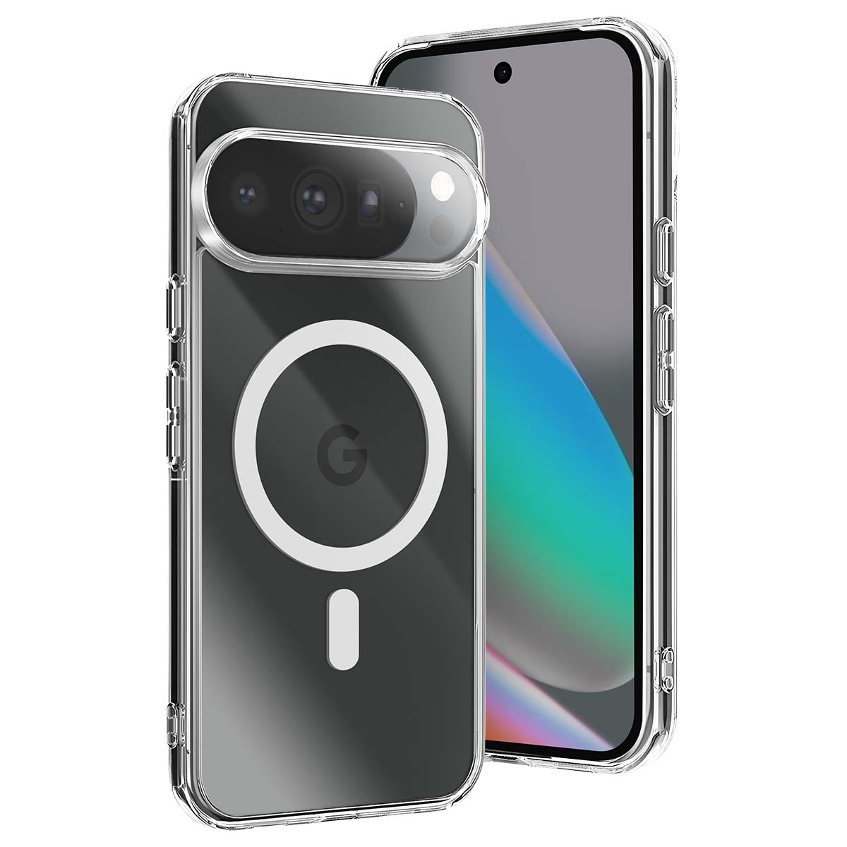 Funda transparente para teléfono con un teléfono dentro. La funda tiene un círculo magnético con el logotipo 'G'. El teléfono tiene pantalla.