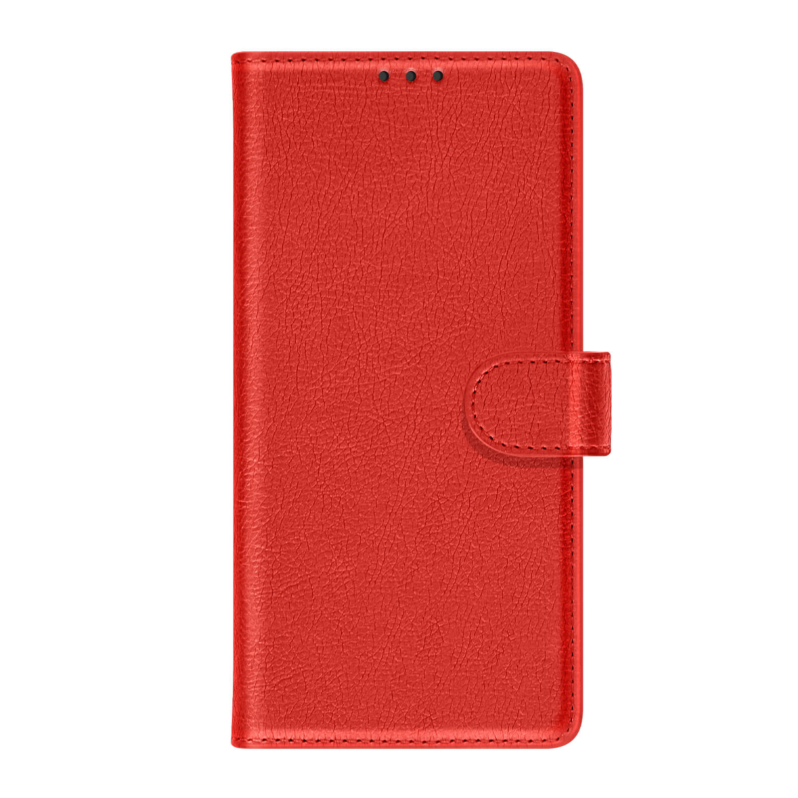 Una custodia per telefono in pelle rossa, chiusa. Ha una chiusura magnetica sul lato destro. Lo sfondo è bianco.