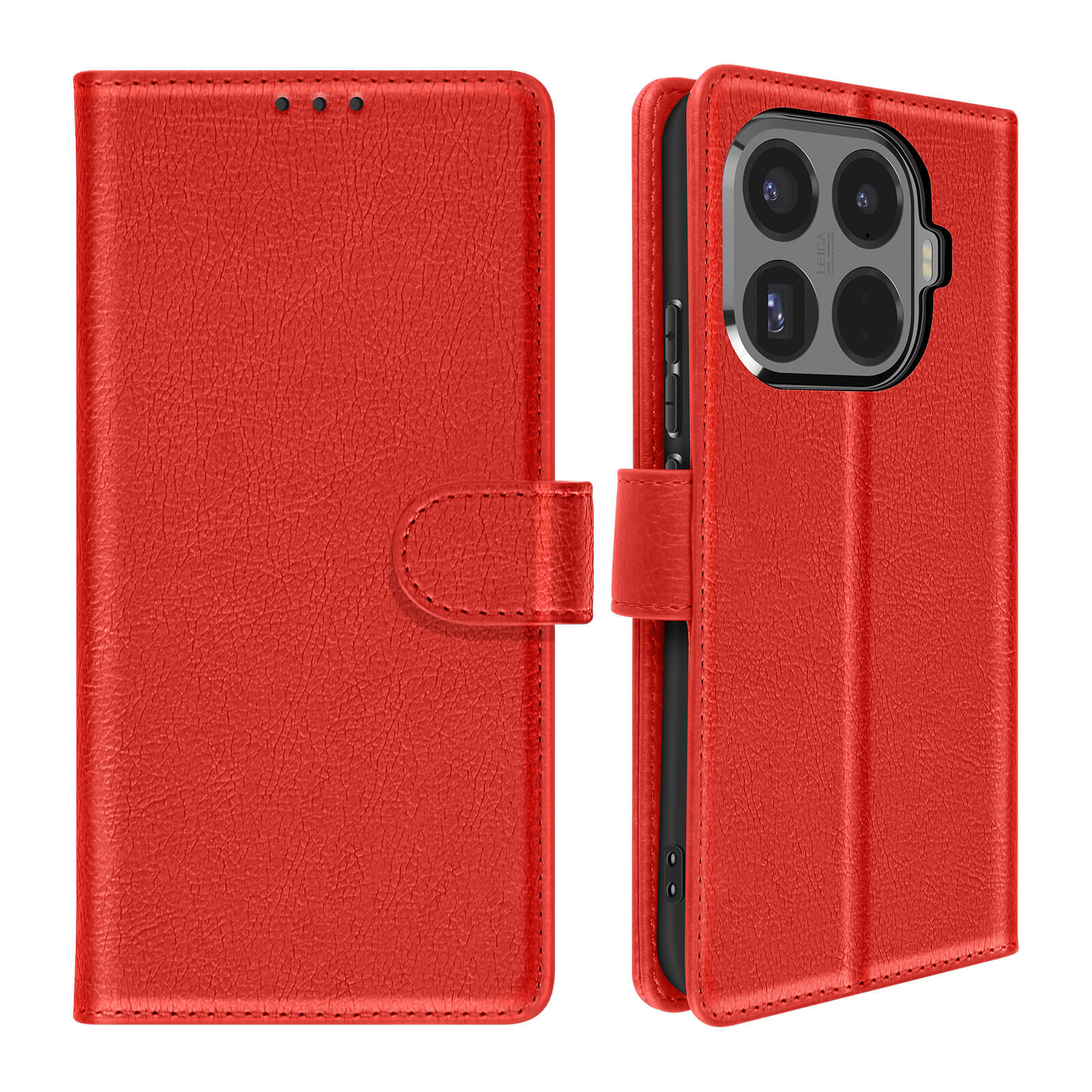 Custodia per telefono in pelle rossa aperta, con telefono all'interno. La custodia ha una chiusura magnetica.