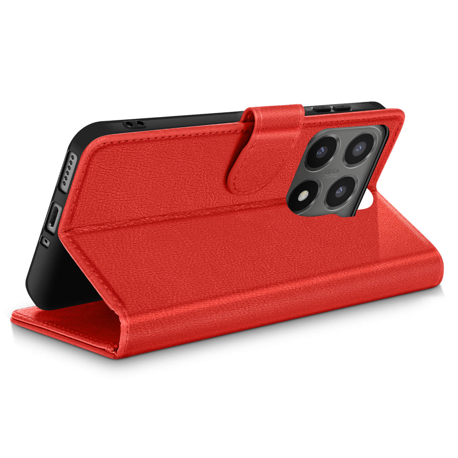 Custodia rossa per telefono, aperta, che tiene un telefono nero. La custodia è strutturata, ha una chiusura e mostra la fotocamera del telefono.