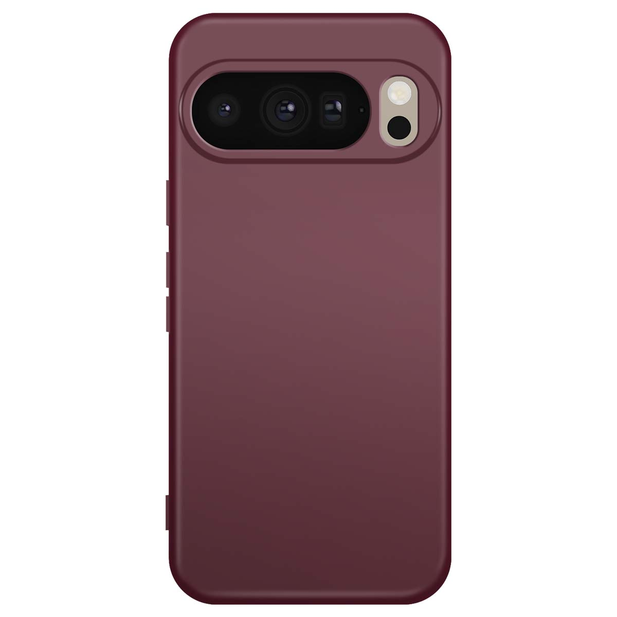 Se muestra una funda de teléfono burdeos con funciones de cámara. Tiene un recorte de cámara con múltiples lentes y un flash.