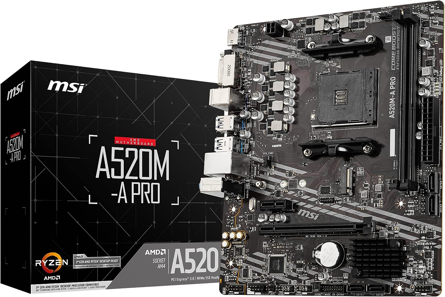 Auf dem Bild sind ein Computer-Motherboard und seine Box zu sehen. Die Box ist schwarz mit weißem Text, das Motherboard ist schwarz.