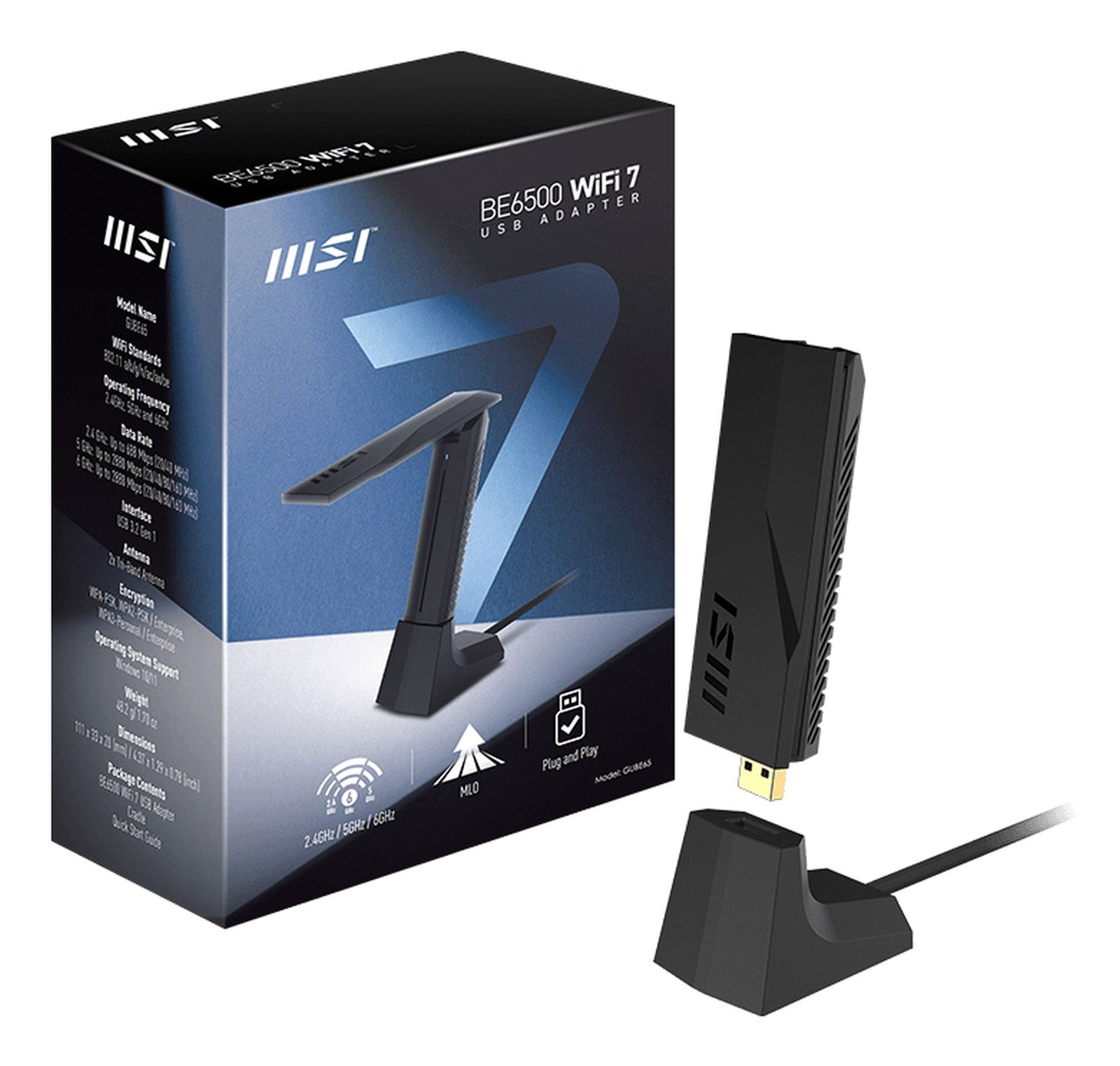 A black MSI BE6500 WiFi 7 USB adapter box and components are displayed. The adapter is black.