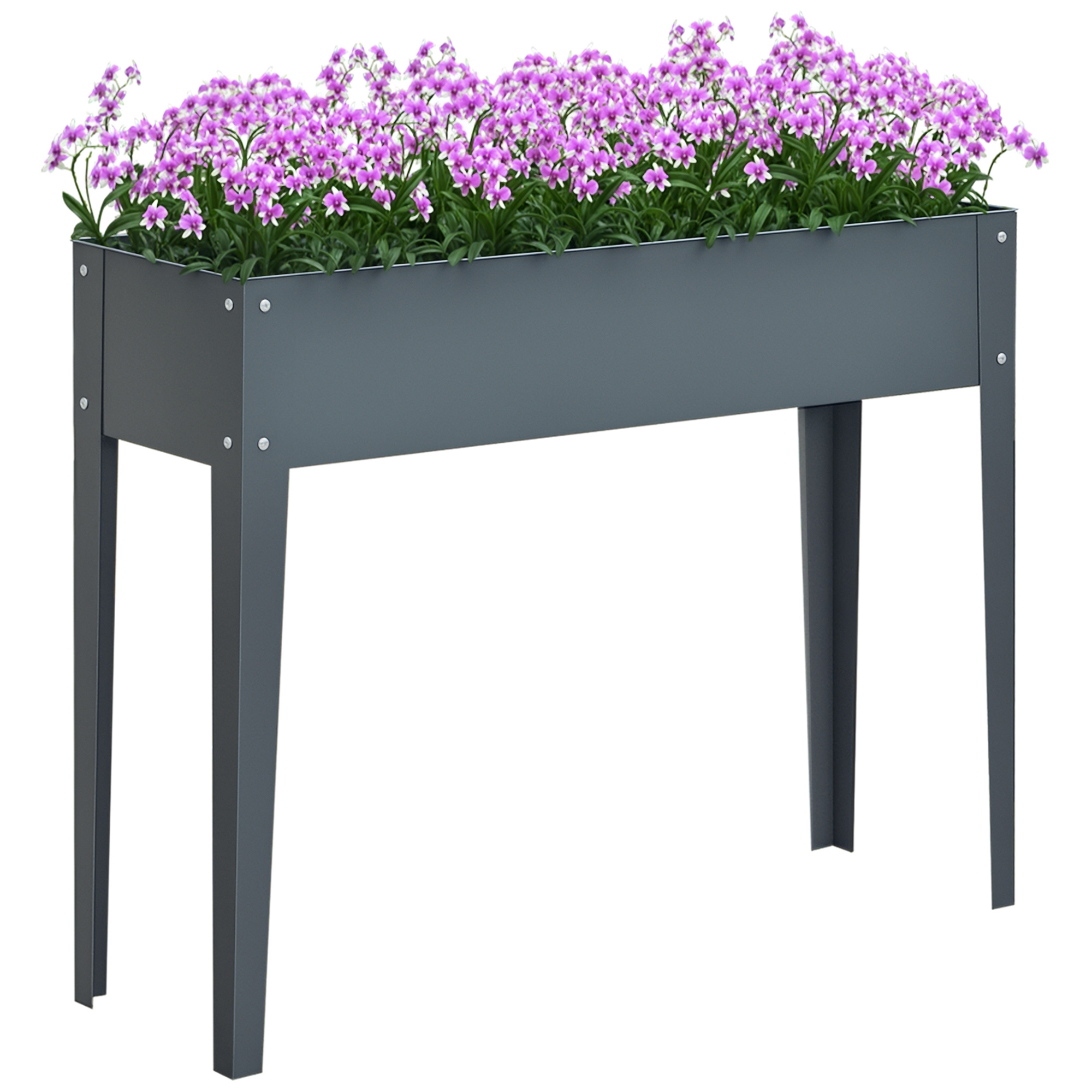 Fioriera grigia su gambe piena di vibranti fiori rosa e bianchi. Lo sfondo è bianco.