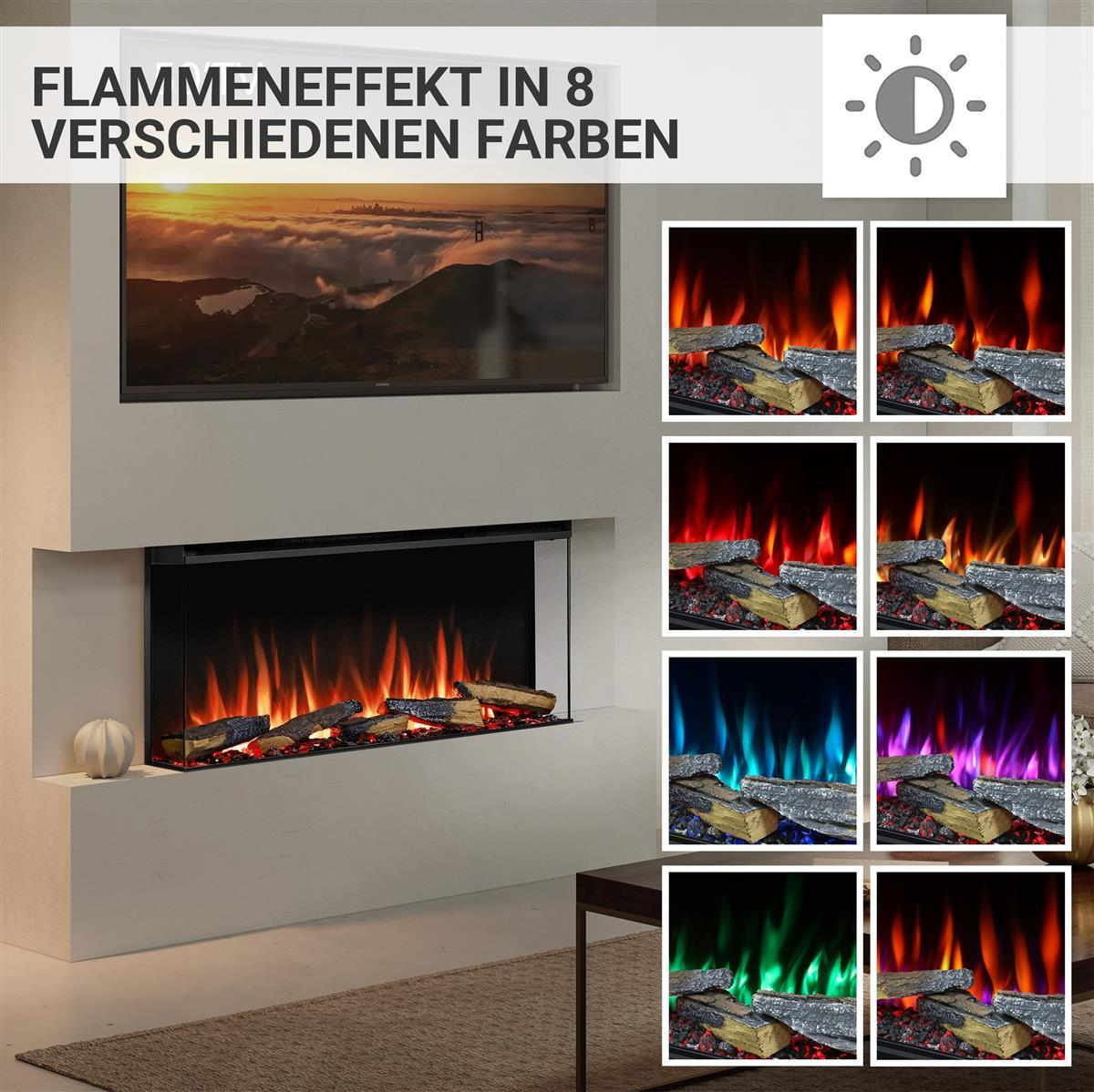 Ein moderner Kamin mit Flammeneffekten in verschiedenen Farben. Er hat einen Fernseher darüber und zeigt verschiedene Flammenfarben in einem Raster.