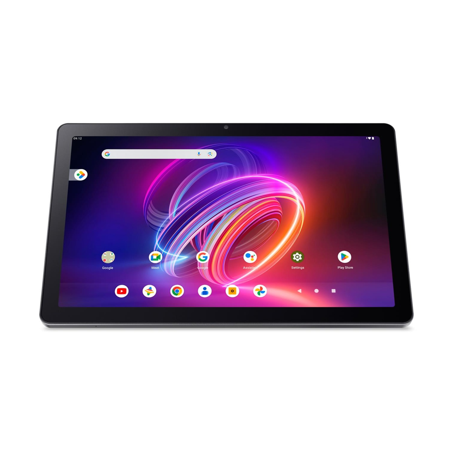 Tablet wyświetla kolorowy ekran z aplikacjami takimi jak Google, Meet, Asystent, Ustawienia i Sklep Play. Tablet ma czarną ramkę.