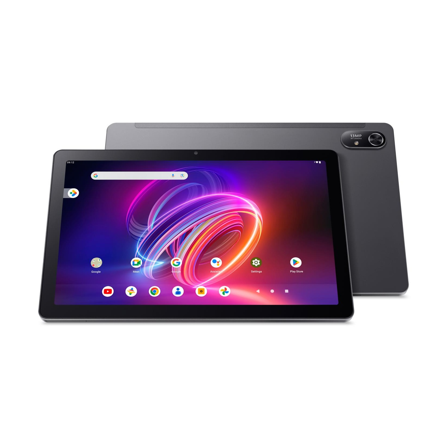 Dwa szare tablety. Jeden wyświetla kolorowy interfejs, drugi to tył. Tylny tablet ma aparat.